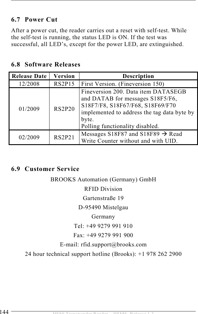 6 SERVICE AND ERROR HANDLING 144  HF80 Transponder Reader – HSMS, Release 1.3  6.7 Power Cut After a power cut, the reader carries out a reset with self-test. While the self-test is running, the status LED is ON. If the test was successful, all LED’s, except for the power LED, are extinguished.  6.8 Software Releases Release Date  Version  Description 12/2008  RS2P15  First Version. (Fineversion 150) 01/2009 RS2P20 Fineversion 200. Data item DATASEGB and DATAB for messages S18F5/F6, S18F7/F8, S18F67/F68, S18F69/F70 implemented to address the tag data byte by byte. Polling functionality disabled. 02/2009 RS2P21 Messages S18F87 and S18F89 Æ Read Write Counter without and with UID.   6.9 Customer Service BROOKS Automation (Germany) GmbH RFID Division Gartenstraße 19 D-95490 Mistelgau Germany Tel: +49 9279 991 910 Fax: +49 9279 991 900 E-mail: rfid.support@brooks.com 24 hour technical support hotline (Brooks): +1 978 262 2900   