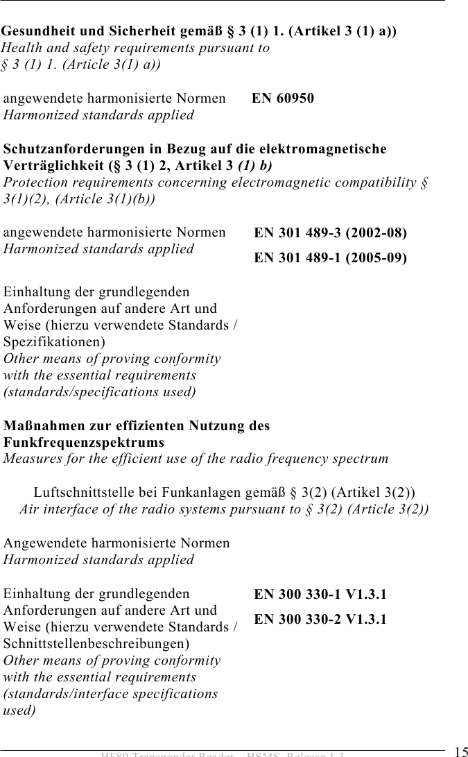 SAFETY INSTRUCTIONS 2  15 HF80 Transponder Reader – HSMS, Release 1.3 Gesundheit und Sicherheit gemäß § 3 (1) 1. (Artikel 3 (1) a))  Health and safety requirements pursuant to  § 3 (1) 1. (Article 3(1) a)) angewendete harmonisierte Normen  Harmonized standards applied EN 60950 Schutzanforderungen in Bezug auf die elektromagnetische  Verträglichkeit (§ 3 (1) 2, Artikel 3 (1) b) Protection requirements concerning electromagnetic compatibility § 3(1)(2), (Article 3(1)(b)) angewendete harmonisierte Normen  Harmonized standards applied EN 301 489-3 (2002-08) EN 301 489-1 (2005-09) Einhaltung der grundlegenden Anforderungen auf andere Art und Weise (hierzu verwendete Standards / Spezifikationen) Other means of proving conformity with the essential requirements (standards/specifications used)  Maßnahmen zur effizienten Nutzung des  Funkfrequenzspektrums Measures for the efficient use of the radio frequency spectrum Luftschnittstelle bei Funkanlagen gemäß § 3(2) (Artikel 3(2)) Air interface of the radio systems pursuant to § 3(2) (Article 3(2)) Angewendete harmonisierte Normen Harmonized standards applied              Einhaltung der grundlegenden Anforderungen auf andere Art und Weise (hierzu verwendete Standards / Schnittstellenbeschreibungen)  Other means of proving conformity with the essential requirements (standards/interface specifications used) EN 300 330-1 V1.3.1 EN 300 330-2 V1.3.1 