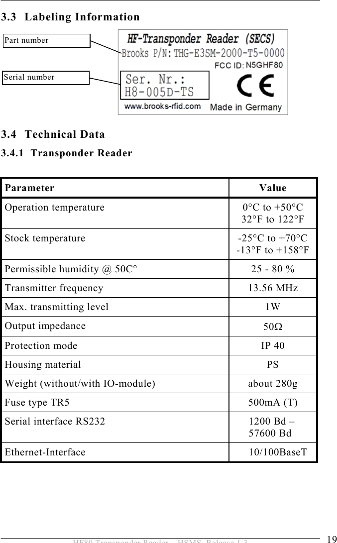 PRODUCT DESCRIPTION 3  19 HF80 Transponder Reader – HSMS, Release 1.3 3.3 Labeling Information       3.4 Technical Data 3.4.1 Transponder Reader  Parameter Value Operation temperature  0°C to +50°C 32°F to 122°F Stock temperature  -25°C to +70°C -13°F to +158°F Permissible humidity @ 50C°  25 - 80 % Transmitter frequency  13.56 MHz Max. transmitting level  1W Output impedance   50Ω Protection mode  IP 40 Housing material  PS Weight (without/with IO-module)  about 280g Fuse type TR5  500mA (T) Serial interface RS232  1200 Bd –  57600 Bd Ethernet-Interface 10/100BaseT    Serial number Part number 