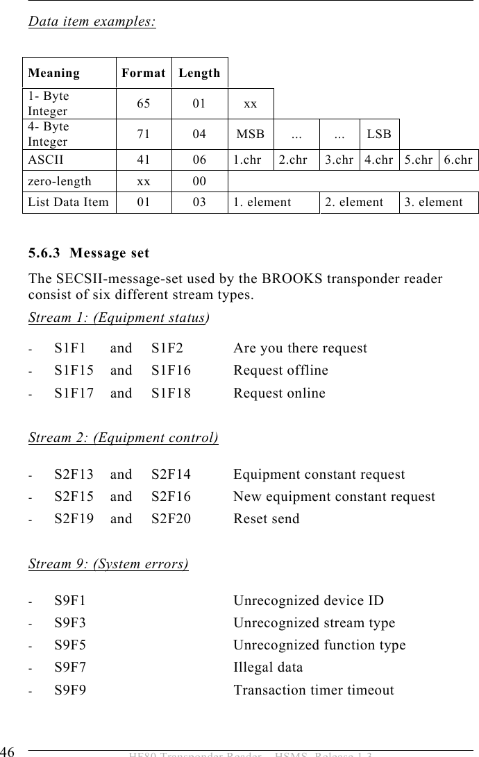 5 OPERATION 46  HF80 Transponder Reader – HSMS, Release 1.3 Data item examples:  5.6.3 Message set The SECSII-message-set used by the BROOKS transponder reader consist of six different stream types. Stream 1: (Equipment status)  - S1F1   and   S1F2  Are you there request - S1F15   and   S1F16  Request offline - S1F17   and   S1F18  Request online  Stream 2: (Equipment control)   - S2F13   and   S2F14  Equipment constant request - S2F15   and   S2F16  New equipment constant request - S2F19   and   S2F20  Reset send  Stream 9: (System errors)  - S9F1       Unrecognized device ID - S9F3       Unrecognized stream type - S9F5       Unrecognized function type - S9F7       Illegal data - S9F9       Transaction timer timeout  Meaning Format Length1- Byte Integer  65 01 xx 4- Byte Integer  71 04 MSB ... ... LSB ASCII 41 06 1.chr 2.chr 3.chr 4.chr 5.chr 6.chr zero-length xx 00 List Data Item  01  03  1. element  2. element  3. element 