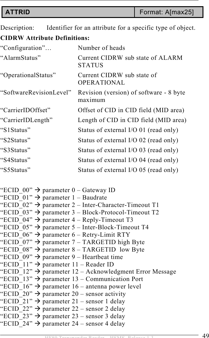 OPERATION 5  49 HF80 Transponder Reader – HSMS, Release 1.3 ATTRID  Format: A[max25]  Description:  Identifier for an attribute for a specific type of object. CIDRW Attribute Definitions: “Configuration”… Number of heads   “AlarmStatus”  Current CIDRW sub state of ALARM STATUS “OperationalStatus”    Current CIDRW sub state of OPERATIONAL “SoftwareRevisionLevel”  Revision (version) of software - 8 byte maximum “CarrierIDOffset”  Offset of CID in CID field (MID area) “CarrierIDLength”  Length of CID in CID field (MID area) “S1Status”  Status of external I/O 01 (read only) “S2Status”  Status of external I/O 02 (read only) “S3Status”  Status of external I/O 03 (read only) “S4Status”  Status of external I/O 04 (read only) “S5Status”  Status of external I/O 05 (read only)  “ECID_00” Æ parameter 0 – Gateway ID “ECID_01” Æ parameter 1 – Baudrate “ECID_02” Æ parameter 2 – Inter-Character-Timeout T1 “ECID_03” Æ parameter 3 – Block-Protocol-Timeout T2 “ECID_04” Æ parameter 4 – Reply-Timeout T3 “ECID_05” Æ parameter 5 – Inter-Block-Timeout T4 “ECID_06” Æ parameter 6 – Retry-Limit RTY “ECID_07” Æ parameter 7 – TARGETID high Byte “ECID_08” Æ parameter 8 – TARGETID  low Byte “ECID_09” Æ parameter 9 – Heartbeat time “ECID_11” Æ parameter 11 – Reader ID “ECID_12” Æ parameter 12 – Acknowledgment Error Message “ECID_13” Æ parameter 13 – Communication Port “ECID_16” Æ parameter 16 – antenna power level “ECID_20” Æ parameter 20 – sensor activity “ECID_21” Æ parameter 21 – sensor 1 delay  “ECID_22” Æ parameter 22 – sensor 2 delay “ECID_23” Æ parameter 23 – sensor 3 delay  “ECID_24” Æ parameter 24 – sensor 4 delay 