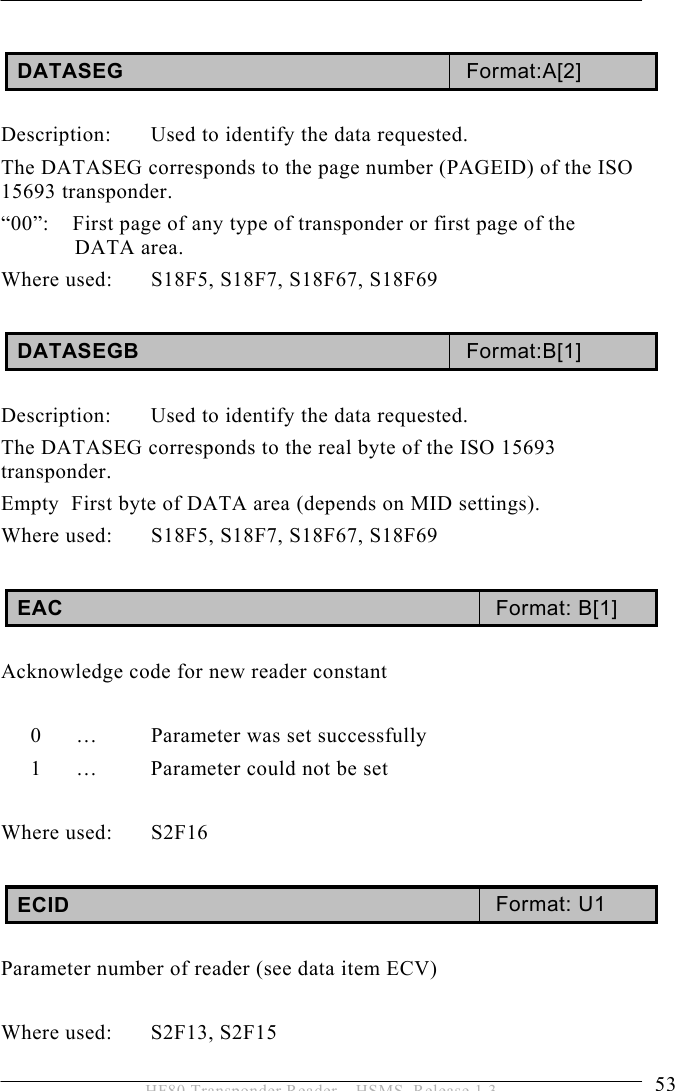 OPERATION 5  53 HF80 Transponder Reader – HSMS, Release 1.3  DATASEG  Format:A[2]  Description:  Used to identify the data requested. The DATASEG corresponds to the page number (PAGEID) of the ISO 15693 transponder. “00”:    First page of any type of transponder or first page of the DATA area. Where used:  S18F5, S18F7, S18F67, S18F69  DATASEGB  Format:B[1]  Description:  Used to identify the data requested. The DATASEG corresponds to the real byte of the ISO 15693 transponder. Empty  First byte of DATA area (depends on MID settings). Where used:  S18F5, S18F7, S18F67, S18F69  EAC  Format: B[1]  Acknowledge code for new reader constant  0  …   Parameter was set successfully 1  …   Parameter could not be set  Where used:  S2F16  ECID  Format: U1  Parameter number of reader (see data item ECV)  Where used:  S2F13, S2F15 