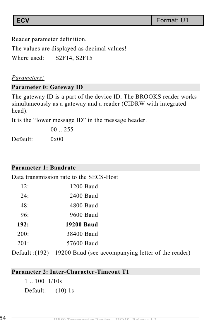 5 OPERATION 54  HF80 Transponder Reader – HSMS, Release 1.3  ECV  Format: U1  Reader parameter definition.  The values are displayed as decimal values! Where used:  S2F14, S2F15  Parameters: Parameter 0: Gateway ID  The gateway ID is a part of the device ID. The BROOKS reader works simultaneously as a gateway and a reader (CIDRW with integrated head).   It is the “lower message ID” in the message header. 00 .. 255 Default: 0x00   Parameter 1: Baudrate  Data transmission rate to the SECS-Host  12:   1200 Baud   24:     2400 Baud  48:   4800 Baud  96:   9600 Baud  192:  19200 Baud  200:   38400 Baud  201:   57600 Baud Default :(192)   19200 Baud (see accompanying letter of the reader)  Parameter 2: Inter-Character-Timeout T1   1 .. 100  1/10s Default: (10) 1s    