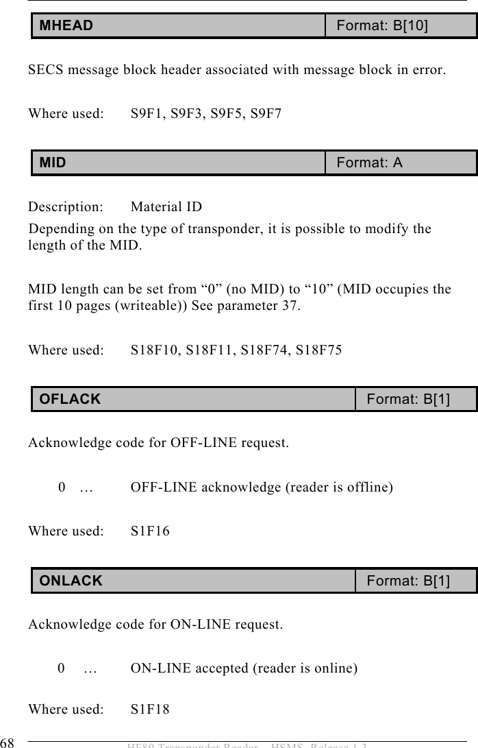 5 OPERATION 68  HF80 Transponder Reader – HSMS, Release 1.3 MHEAD  Format: B[10]  SECS message block header associated with message block in error.  Where used:  S9F1, S9F3, S9F5, S9F7  MID  Format: A  Description: Material ID Depending on the type of transponder, it is possible to modify the length of the MID.  MID length can be set from “0” (no MID) to “10” (MID occupies the first 10 pages (writeable)) See parameter 37.  Where used:  S18F10, S18F11, S18F74, S18F75  OFLACK  Format: B[1]   Acknowledge code for OFF-LINE request.    0  …  OFF-LINE acknowledge (reader is offline)  Where used:  S1F16  ONLACK  Format: B[1]   Acknowledge code for ON-LINE request.    0 …  ON-LINE accepted (reader is online)  Where used:  S1F18 