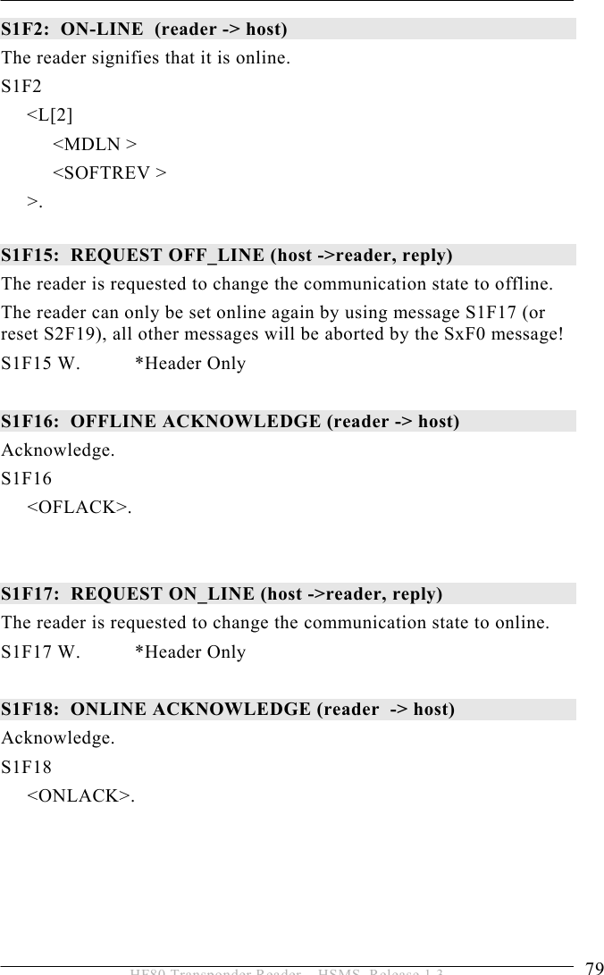 OPERATION 5  79 HF80 Transponder Reader – HSMS, Release 1.3 S1F2:  ON-LINE  (reader -&gt; host) The reader signifies that it is online. S1F2      &lt;L[2]            &lt;MDLN &gt;            &lt;SOFTREV &gt;  &gt;.  S1F15:  REQUEST OFF_LINE (host -&gt;reader, reply) The reader is requested to change the communication state to offline. The reader can only be set online again by using message S1F17 (or reset S2F19), all other messages will be aborted by the SxF0 message! S1F15 W.  *Header Only  S1F16:  OFFLINE ACKNOWLEDGE (reader -&gt; host) Acknowledge. S1F16 &lt;OFLACK&gt;.   S1F17:  REQUEST ON_LINE (host -&gt;reader, reply) The reader is requested to change the communication state to online. S1F17 W.  *Header Only  S1F18:  ONLINE ACKNOWLEDGE (reader  -&gt; host) Acknowledge. S1F18 &lt;ONLACK&gt;.  