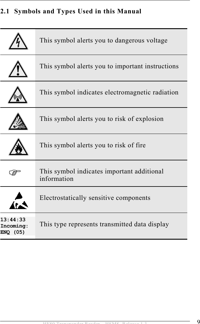 SAFETY INSTRUCTIONS 2  9 HF80 Transponder Reader – HSMS, Release 1.3 2.1 Symbols and Types Used in this Manual   This symbol alerts you to dangerous voltage   This symbol alerts you to important instructions   This symbol indicates electromagnetic radiation   This symbol alerts you to risk of explosion    This symbol alerts you to risk of fire    ) This symbol indicates important additional information  Electrostatically sensitive components   13:44:33  Incoming: ENQ (05) This type represents transmitted data display  