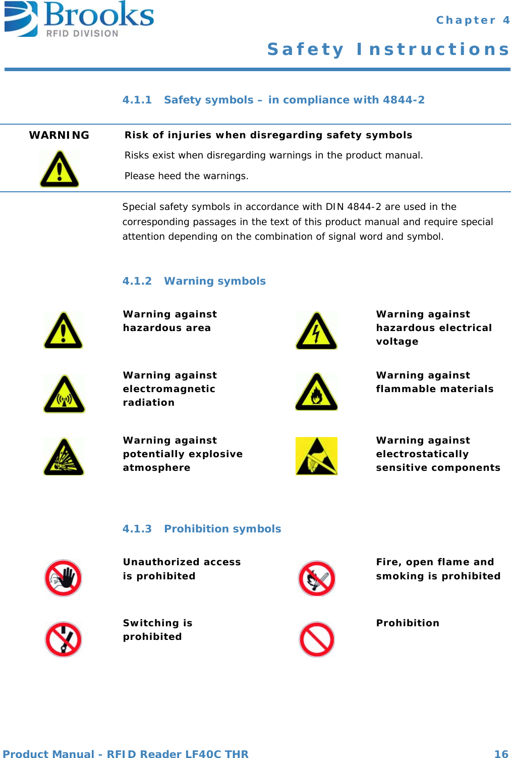 Product Manual - RFID Reader LF40C THR 16 Chapter 4Safety Instructions4.1.1 Safety symbols – in compliance with 4844-2Special safety symbols in accordance with DIN 4844-2 are used in the corresponding passages in the text of this product manual and require special attention depending on the combination of signal word and symbol.4.1.2 Warning symbols4.1.3 Prohibition symbolsWARNING Risk of injuries when disregarding safety symbolsRisks exist when disregarding warnings in the product manual.Please heed the warnings.Warning against hazardous area Warning against hazardous electrical voltageWarning against electromagnetic radiationWarning against flammable materialsWarning against potentially explosive atmosphereWarning against electrostatically sensitive componentsUnauthorized access is prohibited Fire, open flame and smoking is prohibitedSwitching is prohibited Prohibitionnbb