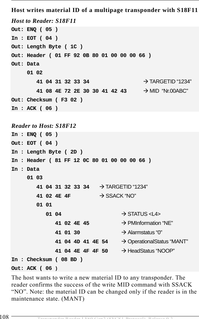 5 OPERATION 108  Transponder Reader LF60 Gen2 (SECS1-Protocol), Release 0.2 Host writes material ID of a multipage transponder with S18F11  Host to Reader: S18F11 Out: ENQ ( 05 ) In : EOT ( 04 ) Out: Length Byte ( 1C ) Out: Header ( 01 FF 92 0B 80 01 00 00 00 66 ) Out: Data       01 02     41 04 31 32 33 34       Æ TARGETID “1234”    41 08 4E 72 2E 30 30 41 42 43   Æ MID  “Nr.00ABC” Out: Checksum ( F3 02 ) In : ACK ( 06 )  Reader to Host: S18F12 In : ENQ ( 05 ) Out: EOT ( 04 ) In : Length Byte ( 2D ) In : Header ( 81 FF 12 0C 80 01 00 00 00 66 ) In : Data       01 03     41 04 31 32 33 34   Æ TARGETID “1234”    41 02 4E 4F    Æ SSACK “NO”    01 01        01 04       Æ STATUS &lt;L4&gt;          41 02 4E 45     Æ PMInformation “NE”          41 01 30     Æ Alarmstatus “0”          41 04 4D 41 4E 54  Æ OperationalStatus “MANT”          41 04 4E 4F 4F 50   Æ HeadStatus “NOOP” In : Checksum ( 08 BD ) Out: ACK ( 06 ) The host wants to write a new material ID to any transponder. The reader confirms the success of the write MID command with SSACK “NO”. Note: the material ID can be changed only if the reader is in the maintenance state. (MANT) 