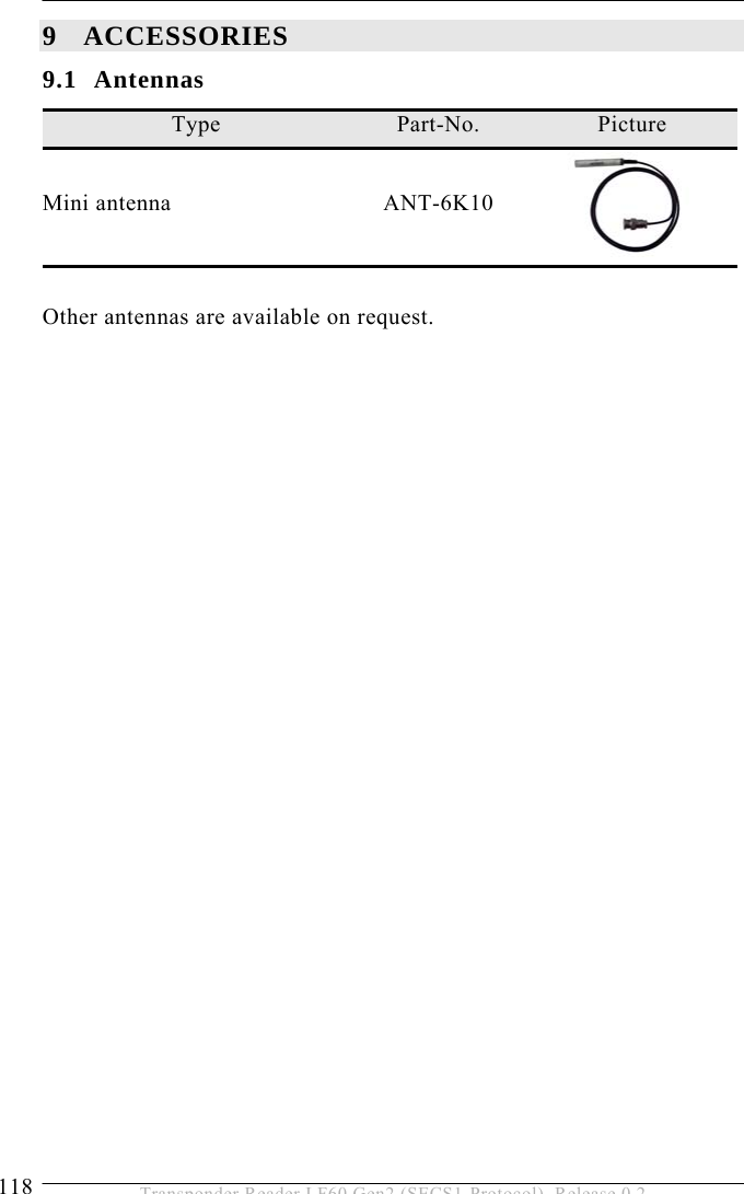 9 ACCESSORIES 118  Transponder Reader LF60 Gen2 (SECS1-Protocol), Release 0.2 9 ACCESSORIES 9.1 Antennas Type  Part-No.  Picture Mini antenna  ANT-6K10   Other antennas are available on request.  