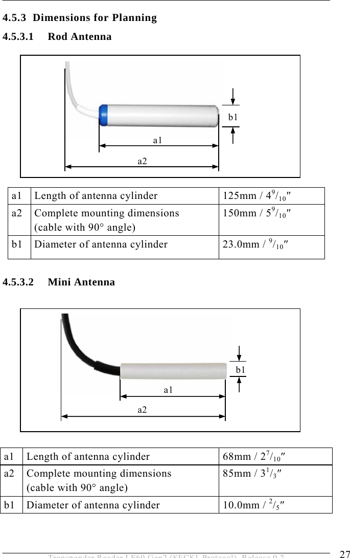  INSTALLATION 4 27 Transponder Reader LF60 Gen2 (SECS1-Protocol), Release 0.2 4.5.3 Dimensions for Planning 4.5.3.1 Rod Antenna          4.5.3.2 Mini Antenna           a1  Length of antenna cylinder  125mm / 49/10″ a2 Complete mounting dimensions  (cable with 90° angle) 150mm / 59/10″ b1  Diameter of antenna cylinder  23.0mm / 9/10″ a1  Length of antenna cylinder  68mm / 27/10″ a2 Complete mounting dimensions  (cable with 90° angle) 85mm / 31/3″ b1  Diameter of antenna cylinder  10.0mm / 2/5″ a1a2b1a2 a1 b1 
