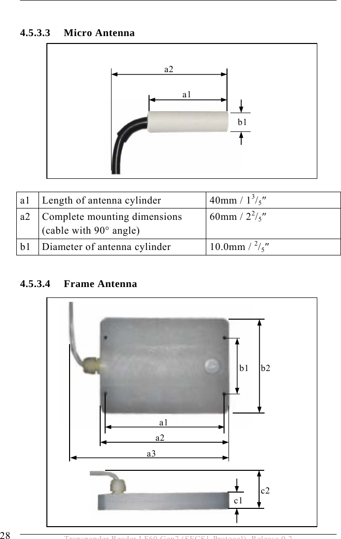 4 INSTALLATION 28  Transponder Reader LF60 Gen2 (SECS1-Protocol), Release 0.2  4.5.3.3 Micro Antenna           4.5.3.4 Frame Antenna  a1  Length of antenna cylinder  40mm / 13/5″ a2 Complete mounting dimensions  (cable with 90° angle) 60mm / 22/5″ b1  Diameter of antenna cylinder  10.0mm / 2/5″ a1a2a3b1b2c1 c2a1a2b1