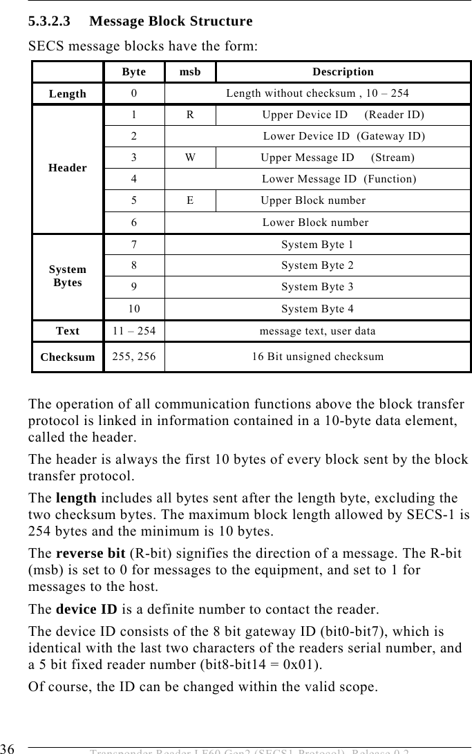 5 OPERATION 36  Transponder Reader LF60 Gen2 (SECS1-Protocol), Release 0.2 5.3.2.3 Message Block Structure SECS message blocks have the form:  Byte msb  Description Length  0  Length without checksum , 10 – 254 1  R  Upper Device ID     (Reader ID) 2                  Lower Device ID  (Gateway ID) 3  W              Upper Message ID     (Stream) 4               Lower Message ID  (Function) 5  E              Upper Block number Header 6                              Lower Block number 7  System Byte 1 8  System Byte 2 9  System Byte 3 System Bytes 10  System Byte 4 Text  11 – 254  message text, user data Checksum  255, 256  16 Bit unsigned checksum  The operation of all communication functions above the block transfer protocol is linked in information contained in a 10-byte data element, called the header. The header is always the first 10 bytes of every block sent by the block transfer protocol. The length includes all bytes sent after the length byte, excluding the two checksum bytes. The maximum block length allowed by SECS-1 is 254 bytes and the minimum is 10 bytes. The reverse bit (R-bit) signifies the direction of a message. The R-bit (msb) is set to 0 for messages to the equipment, and set to 1 for messages to the host. The device ID is a definite number to contact the reader. The device ID consists of the 8 bit gateway ID (bit0-bit7), which is identical with the last two characters of the readers serial number, and a 5 bit fixed reader number (bit8-bit14 = 0x01).   Of course, the ID can be changed within the valid scope. 