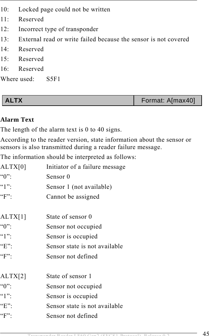  OPERATION 5 45 Transponder Reader LF60 Gen2 (SECS1-Protocol), Release 0.2 10:  Locked page could not be written 11: Reserved 12:  Incorrect type of transponder 13:  External read or write failed because the sensor is not covered 14:   Reserved 15: Reserved 16: Reserved Where used:  S5F1  ALTX  Format: A[max40]  Alarm Text The length of the alarm text is 0 to 40 signs. According to the reader version, state information about the sensor or sensors is also transmitted during a reader failure message.  The information should be interpreted as follows: ALTX[0]  Initiator of a failure message “0”:   Sensor 0 “1”:    Sensor 1 (not available) “F”:   Cannot be assigned  ALTX[1]  State of sensor 0 “0”:   Sensor not occupied “1”:    Sensor is occupied “E”:    Sensor state is not available “F”:   Sensor not defined  ALTX[2]  State of sensor 1  “0”:   Sensor not occupied “1”:    Sensor is occupied “E”:    Sensor state is not available “F”:   Sensor not defined  