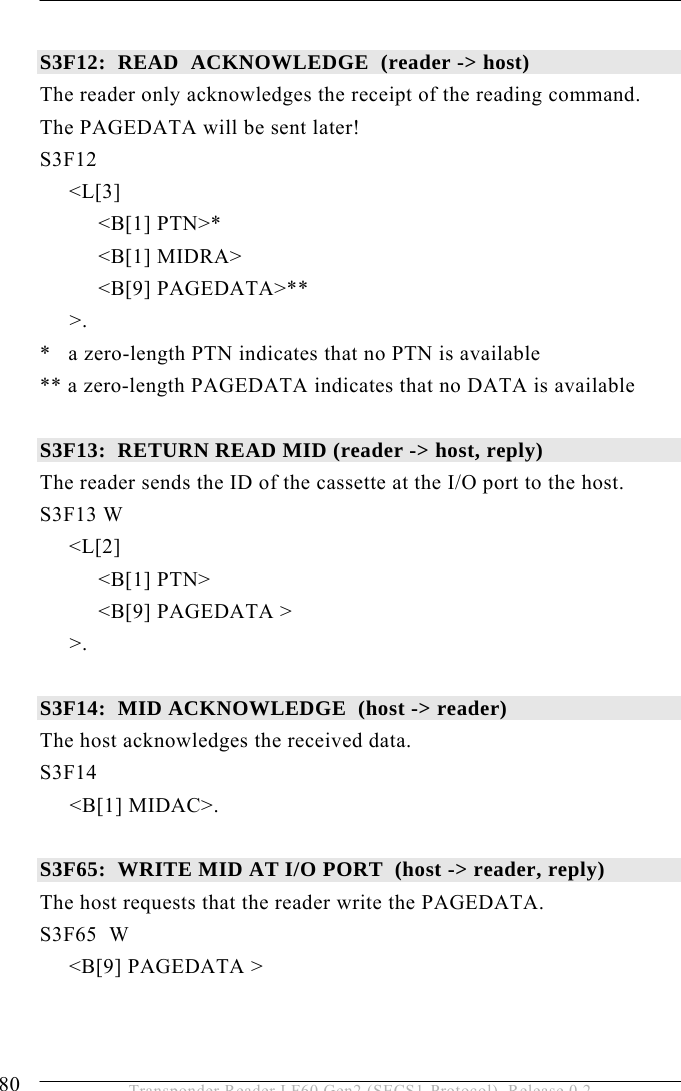 5 OPERATION 80  Transponder Reader LF60 Gen2 (SECS1-Protocol), Release 0.2  S3F12:  READ  ACKNOWLEDGE  (reader -&gt; host) The reader only acknowledges the receipt of the reading command. The PAGEDATA will be sent later! S3F12        &lt;L[3]           &lt;B[1] PTN&gt;*             &lt;B[1] MIDRA&gt;           &lt;B[9] PAGEDATA&gt;**   &gt;. *   a zero-length PTN indicates that no PTN is available ** a zero-length PAGEDATA indicates that no DATA is available  S3F13:  RETURN READ MID (reader -&gt; host, reply) The reader sends the ID of the cassette at the I/O port to the host. S3F13 W      &lt;L[2]           &lt;B[1] PTN&gt;           &lt;B[9] PAGEDATA &gt; &gt;.  S3F14:  MID ACKNOWLEDGE  (host -&gt; reader) The host acknowledges the received data. S3F14  &lt;B[1] MIDAC&gt;.  S3F65:  WRITE MID AT I/O PORT  (host -&gt; reader, reply) The host requests that the reader write the PAGEDATA. S3F65  W      &lt;B[9] PAGEDATA &gt;  
