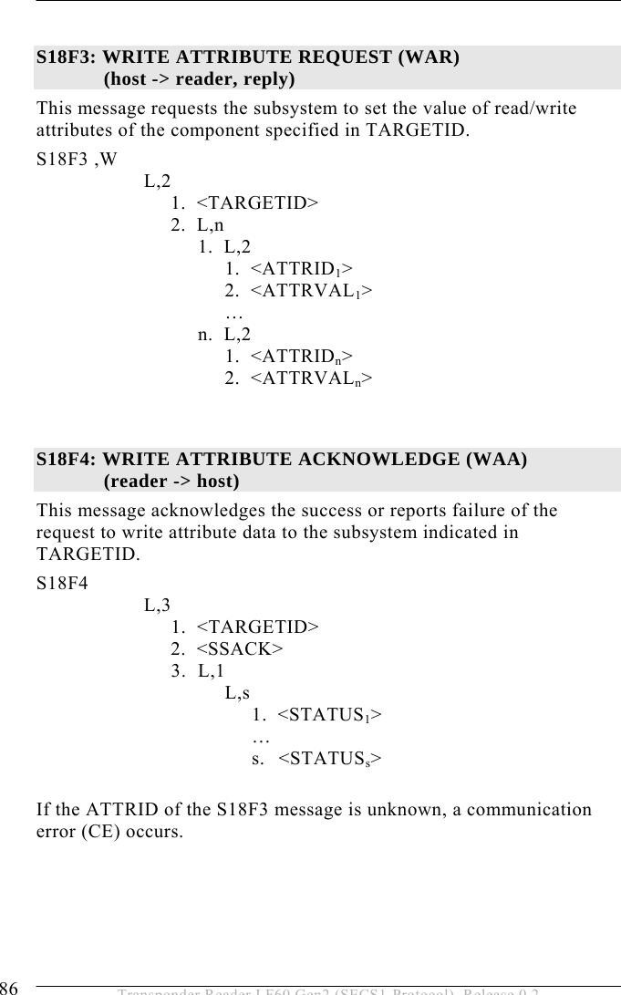 5 OPERATION 86  Transponder Reader LF60 Gen2 (SECS1-Protocol), Release 0.2  S18F3: WRITE ATTRIBUTE REQUEST (WAR)   (host -&gt; reader, reply)  This message requests the subsystem to set the value of read/write attributes of the component specified in TARGETID.  S18F3 ,W       L,2  1.  &lt;TARGETID&gt; 2.  L,n    1.    L,2    1.  &lt;ATTRID1&gt;  2.    &lt;ATTRVAL1&gt;       …    n.    L,2    1.  &lt;ATTRIDn&gt;    2.  &lt;ATTRVALn&gt;   S18F4: WRITE ATTRIBUTE ACKNOWLEDGE (WAA)   (reader -&gt; host)  This message acknowledges the success or reports failure of the request to write attribute data to the subsystem indicated in TARGETID.  S18F4        L,3   1.    &lt;TARGETID&gt; 2.  &lt;SSACK&gt; 3. L,1 L,s 1.  &lt;STATUS1&gt;  … s. &lt;STATUSs&gt;  If the ATTRID of the S18F3 message is unknown, a communication error (CE) occurs. 