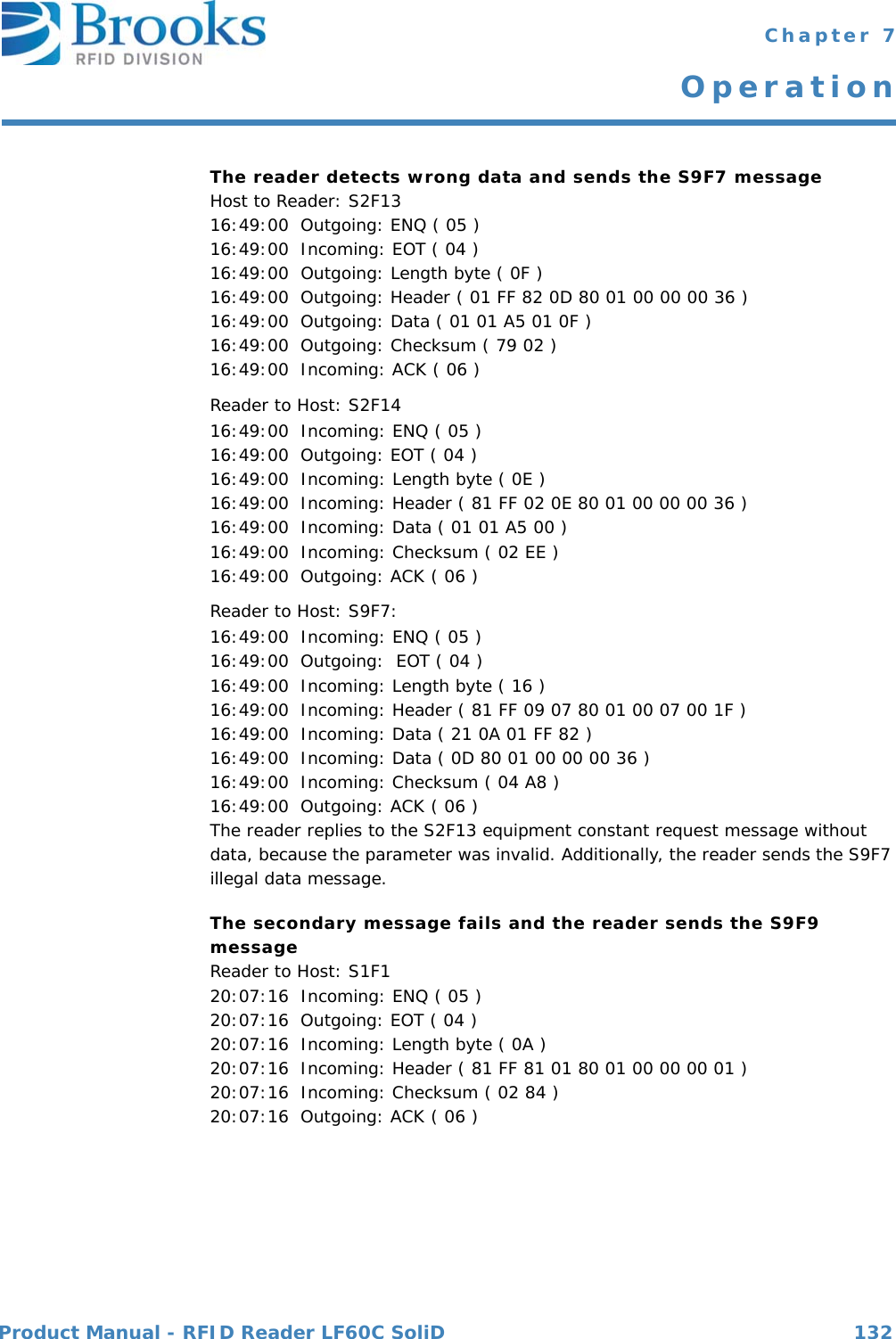 Product Manual - RFID Reader LF60C SoliD 132 Chapter 7OperationThe reader detects wrong data and sends the S9F7 messageHost to Reader: S2F1316:49:00  Outgoing: ENQ ( 05 )16:49:00  Incoming: EOT ( 04 )16:49:00  Outgoing: Length byte ( 0F )16:49:00  Outgoing: Header ( 01 FF 82 0D 80 01 00 00 00 36 )16:49:00  Outgoing: Data ( 01 01 A5 01 0F )16:49:00  Outgoing: Checksum ( 79 02 )16:49:00  Incoming: ACK ( 06 )Reader to Host: S2F1416:49:00  Incoming: ENQ ( 05 )16:49:00  Outgoing: EOT ( 04 )16:49:00  Incoming: Length byte ( 0E )16:49:00  Incoming: Header ( 81 FF 02 0E 80 01 00 00 00 36 )16:49:00  Incoming: Data ( 01 01 A5 00 )16:49:00  Incoming: Checksum ( 02 EE )16:49:00  Outgoing: ACK ( 06 )Reader to Host: S9F7:16:49:00  Incoming: ENQ ( 05 )16:49:00  Outgoing:  EOT ( 04 )16:49:00  Incoming: Length byte ( 16 )16:49:00  Incoming: Header ( 81 FF 09 07 80 01 00 07 00 1F )16:49:00  Incoming: Data ( 21 0A 01 FF 82 )16:49:00  Incoming: Data ( 0D 80 01 00 00 00 36 )16:49:00  Incoming: Checksum ( 04 A8 )16:49:00  Outgoing: ACK ( 06 )The reader replies to the S2F13 equipment constant request message without data, because the parameter was invalid. Additionally, the reader sends the S9F7 illegal data message.The secondary message fails and the reader sends the S9F9 messageReader to Host: S1F120:07:16  Incoming: ENQ ( 05 )20:07:16  Outgoing: EOT ( 04 )20:07:16  Incoming: Length byte ( 0A )20:07:16  Incoming: Header ( 81 FF 81 01 80 01 00 00 00 01 )20:07:16  Incoming: Checksum ( 02 84 )20:07:16  Outgoing: ACK ( 06 )