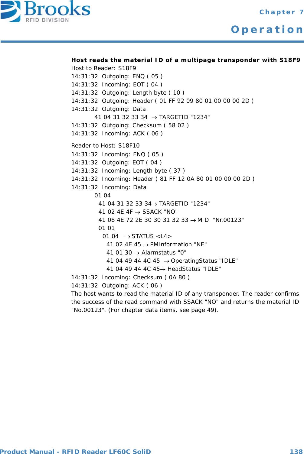 Product Manual - RFID Reader LF60C SoliD 138 Chapter 7OperationHost reads the material ID of a multipage transponder with S18F9Host to Reader: S18F914:31:32  Outgoing: ENQ ( 05 )14:31:32  Incoming: EOT ( 04 )14:31:32  Outgoing: Length byte ( 10 )14:31:32  Outgoing: Header ( 01 FF 92 09 80 01 00 00 00 2D )14:31:32  Outgoing: Data 41 04 31 32 33 34   TARGETID &quot;1234&quot;14:31:32  Outgoing: Checksum ( 58 02 )14:31:32  Incoming: ACK ( 06 )Reader to Host: S18F1014:31:32  Incoming: ENQ ( 05 )14:31:32  Outgoing: EOT ( 04 )14:31:32  Incoming: Length byte ( 37 )14:31:32  Incoming: Header ( 81 FF 12 0A 80 01 00 00 00 2D )14:31:32  Incoming: Data 01 04   41 04 31 32 33 34 TARGETID &quot;1234&quot;  41 02 4E 4F  SSACK &quot;NO&quot;  41 08 4E 72 2E 30 30 31 32 33 MID  &quot;Nr.00123&quot;  01 01     01 04  STATUS &lt;L4&gt;      41 02 4E 45 PMInformation &quot;NE&quot;      41 01 30  Alarmstatus &quot;0&quot;      41 04 49 44 4C 45  OperatingStatus &quot;IDLE&quot;      41 04 49 44 4C 45 HeadStatus &quot;IDLE&quot;14:31:32  Incoming: Checksum ( 0A 80 )14:31:32  Outgoing: ACK ( 06 )The host wants to read the material ID of any transponder. The reader confirms the success of the read command with SSACK &quot;NO&quot; and returns the material ID &quot;No.00123&quot;. (For chapter data items, see page 49).