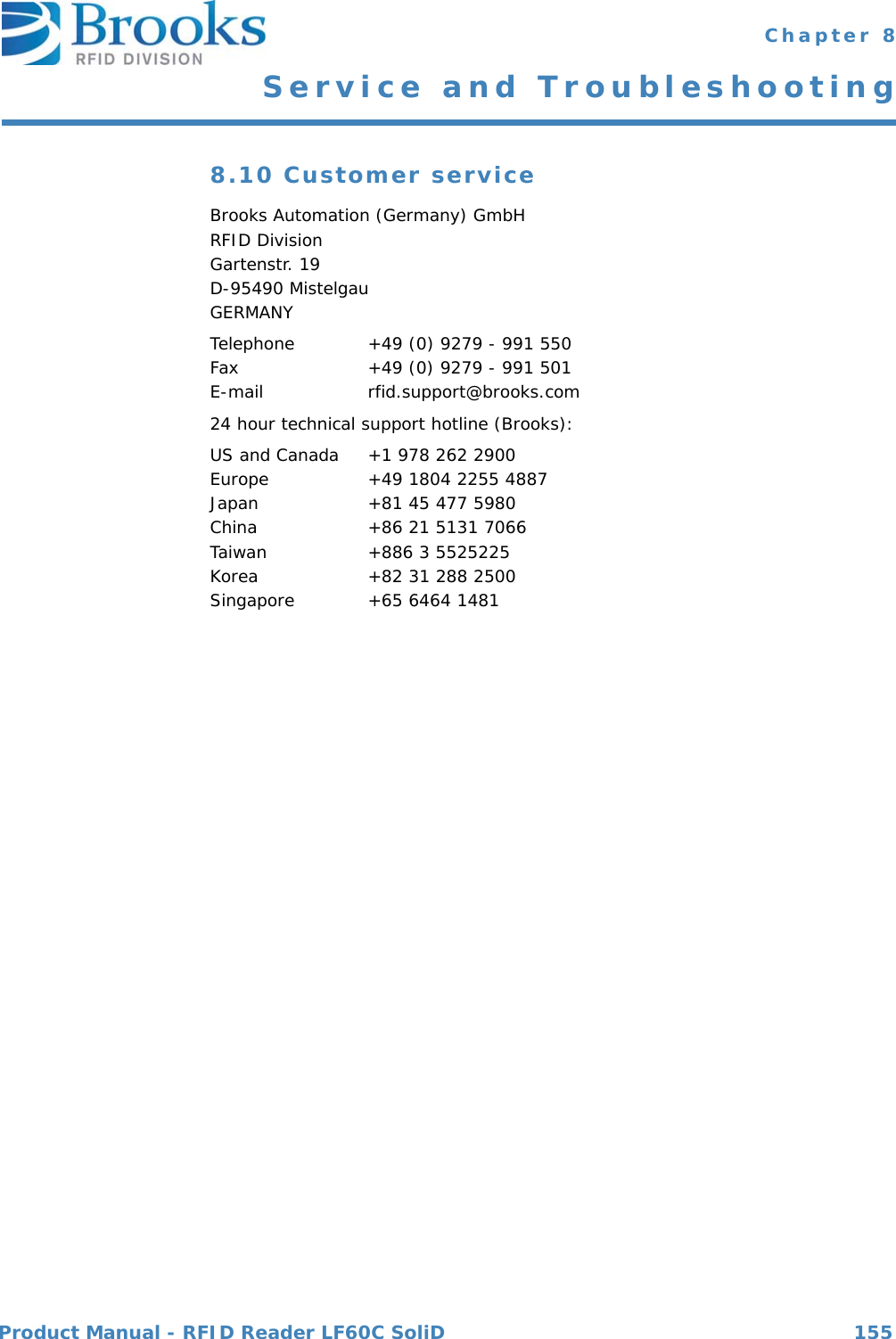 Product Manual - RFID Reader LF60C SoliD 155 Chapter 8Service and Troubleshooting8.10 Customer serviceBrooks Automation (Germany) GmbHRFID DivisionGartenstr. 19D-95490 MistelgauGERMANYTelephone  +49 (0) 9279 - 991 550Fax  +49 (0) 9279 - 991 501E-mail rfid.support@brooks.com24 hour technical support hotline (Brooks): US and Canada +1 978 262 2900Europe +49 1804 2255 4887Japan +81 45 477 5980China +86 21 5131 7066Taiwan +886 3 5525225Korea +82 31 288 2500Singapore +65 6464 1481