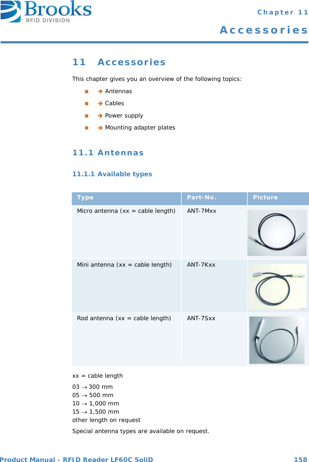 Product Manual - RFID Reader LF60C SoliD 158 Chapter 11Accessories11 AccessoriesThis chapter gives you an overview of the following topics:■ Antennas■ Cables■ Power supply■ Mounting adapter plates11.1 Antennas11.1.1 Available types.xx = cable length03 300 mm05  500 mm10  1,000 mm15  1,500 mmother length on requestSpecial antenna types are available on request.Type Part-No. PictureMicro antenna (xx = cable length) ANT-7MxxMini antenna (xx = cable length) ANT-7KxxRod antenna (xx = cable length) ANT-7Sxx