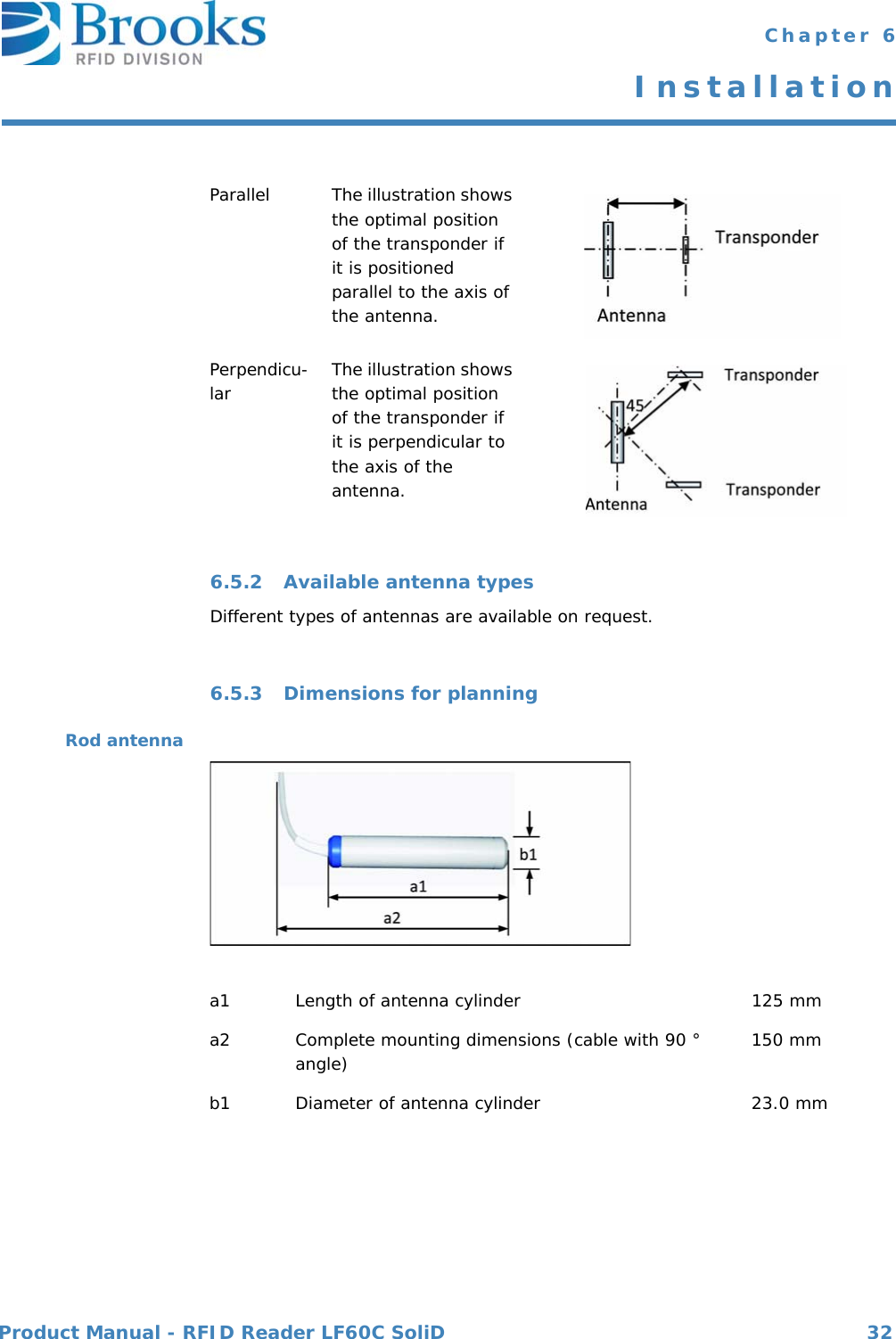 Product Manual - RFID Reader LF60C SoliD 32 Chapter 6Installation6.5.2 Available antenna typesDifferent types of antennas are available on request.6.5.3 Dimensions for planningRod antennaParallel The illustration shows the optimal position of the transponder if it is positioned parallel to the axis of the antenna.Perpendicu-lar The illustration shows the optimal position of the transponder if it is perpendicular to the axis of the antenna.a1 Length of antenna cylinder 125 mma2 Complete mounting dimensions (cable with 90 ° angle) 150 mmb1 Diameter of antenna cylinder 23.0 mm