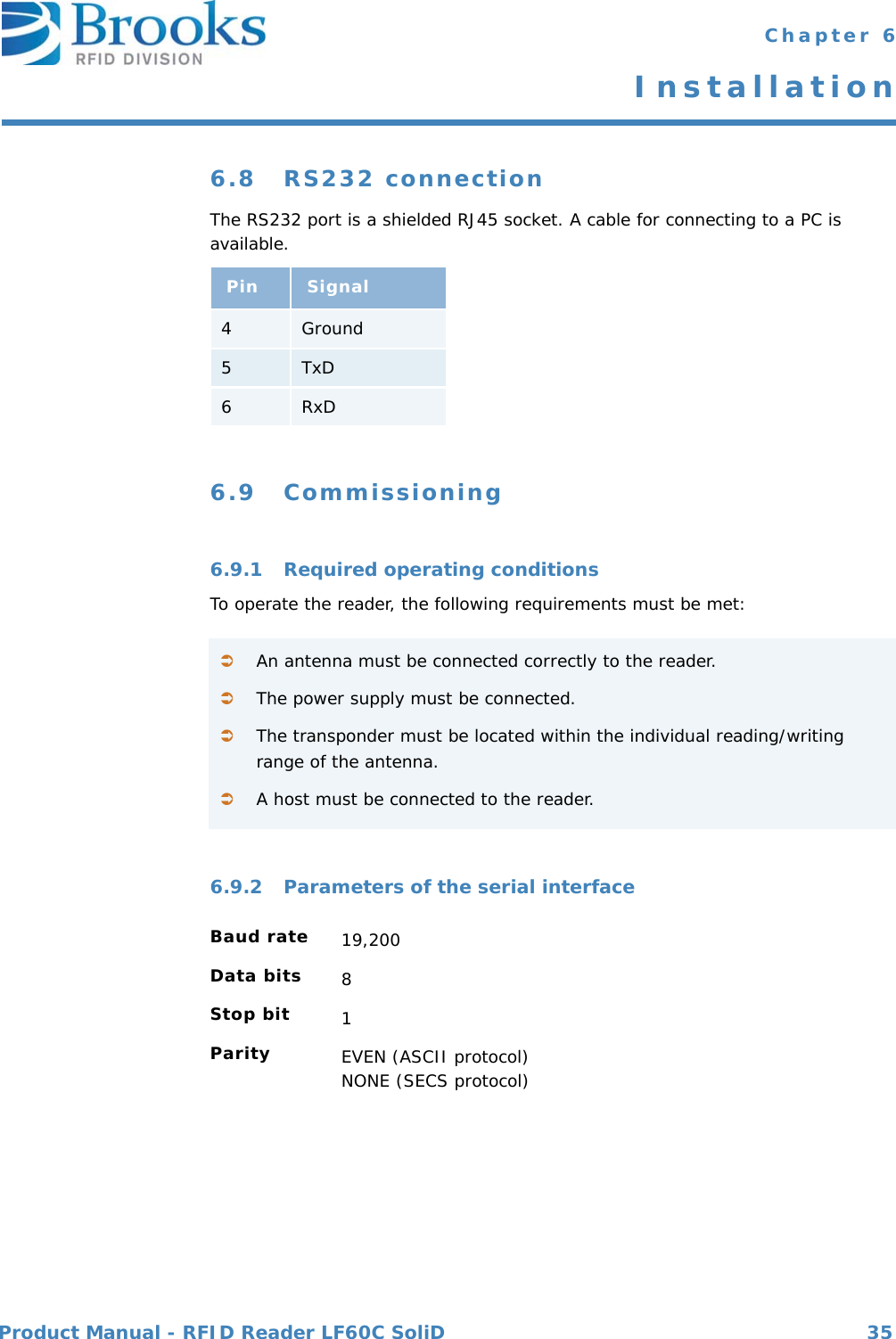 Product Manual - RFID Reader LF60C SoliD 35 Chapter 6Installation6.8 RS232 connectionThe RS232 port is a shielded RJ45 socket. A cable for connecting to a PC is available.6.9 Commissioning6.9.1 Required operating conditionsTo operate the reader, the following requirements must be met:6.9.2 Parameters of the serial interfacePin Signal4Ground5TxD6RxDAn antenna must be connected correctly to the reader. The power supply must be connected.The transponder must be located within the individual reading/writing range of the antenna.A host must be connected to the reader.Baud rate 19,200Data bits 8Stop bit 1Parity EVEN (ASCII protocol)NONE (SECS protocol)