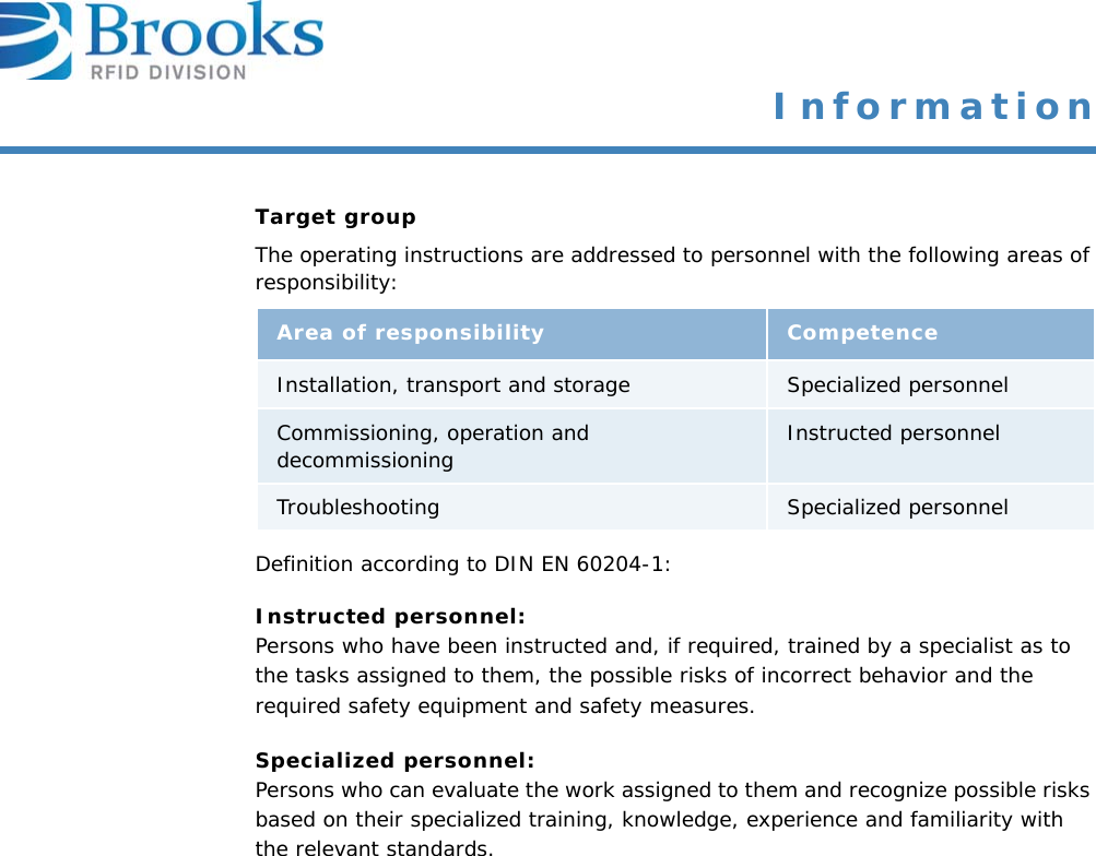 InformationTarget groupThe operating instructions are addressed to personnel with the following areas of responsibility:Definition according to DIN EN 60204-1:Instructed personnel:Persons who have been instructed and, if required, trained by a specialist as to the tasks assigned to them, the possible risks of incorrect behavior and the required safety equipment and safety measures.Specialized personnel:Persons who can evaluate the work assigned to them and recognize possible risks based on their specialized training, knowledge, experience and familiarity with the relevant standards.Area of responsibility CompetenceInstallation, transport and storage Specialized personnelCommissioning, operation and decommissioning Instructed personnelTroubleshooting Specialized personnel