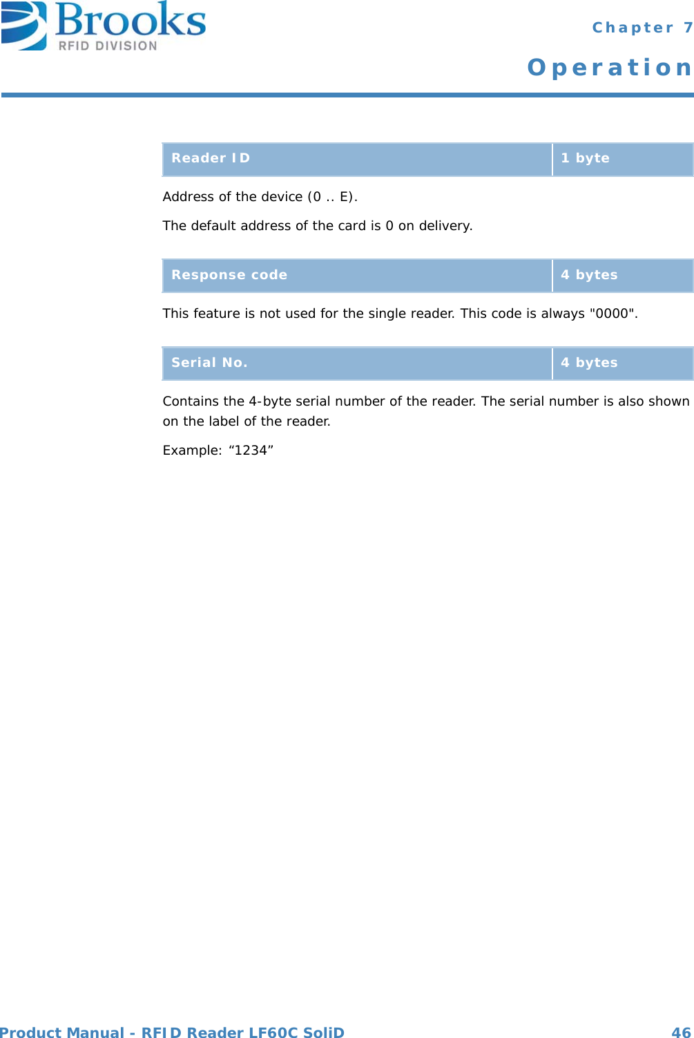 Product Manual - RFID Reader LF60C SoliD 46 Chapter 7OperationAddress of the device (0 .. E).The default address of the card is 0 on delivery.This feature is not used for the single reader. This code is always &quot;0000&quot;.Contains the 4-byte serial number of the reader. The serial number is also shown on the label of the reader.Example: “1234”Reader ID 1 byteResponse code 4 bytesSerial No. 4 bytes