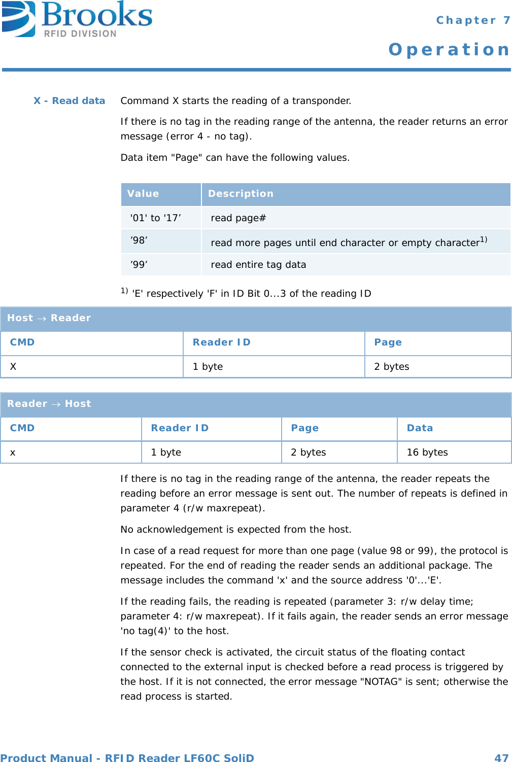 Product Manual - RFID Reader LF60C SoliD 47 Chapter 7OperationX - Read data Command X starts the reading of a transponder.If there is no tag in the reading range of the antenna, the reader returns an error message (error 4 - no tag).Data item &quot;Page&quot; can have the following values.1) &apos;E&apos; respectively &apos;F&apos; in ID Bit 0...3 of the reading IDIf there is no tag in the reading range of the antenna, the reader repeats the reading before an error message is sent out. The number of repeats is defined in parameter 4 (r/w maxrepeat).No acknowledgement is expected from the host.In case of a read request for more than one page (value 98 or 99), the protocol is repeated. For the end of reading the reader sends an additional package. The message includes the command &apos;x&apos; and the source address &apos;0&apos;...&apos;E&apos;.If the reading fails, the reading is repeated (parameter 3: r/w delay time; parameter 4: r/w maxrepeat). If it fails again, the reader sends an error message &apos;no tag(4)&apos; to the host.If the sensor check is activated, the circuit status of the floating contact connected to the external input is checked before a read process is triggered by the host. If it is not connected, the error message &quot;NOTAG&quot; is sent; otherwise the read process is started.Value Description&apos;01&apos; to &apos;17’ read page#’98’ read more pages until end character or empty character1)’99’ read entire tag dataHost  ReaderCMD Reader ID PageX 1 byte 2 bytesReader  HostCMD Reader ID Page Datax 1 byte 2 bytes 16 bytes