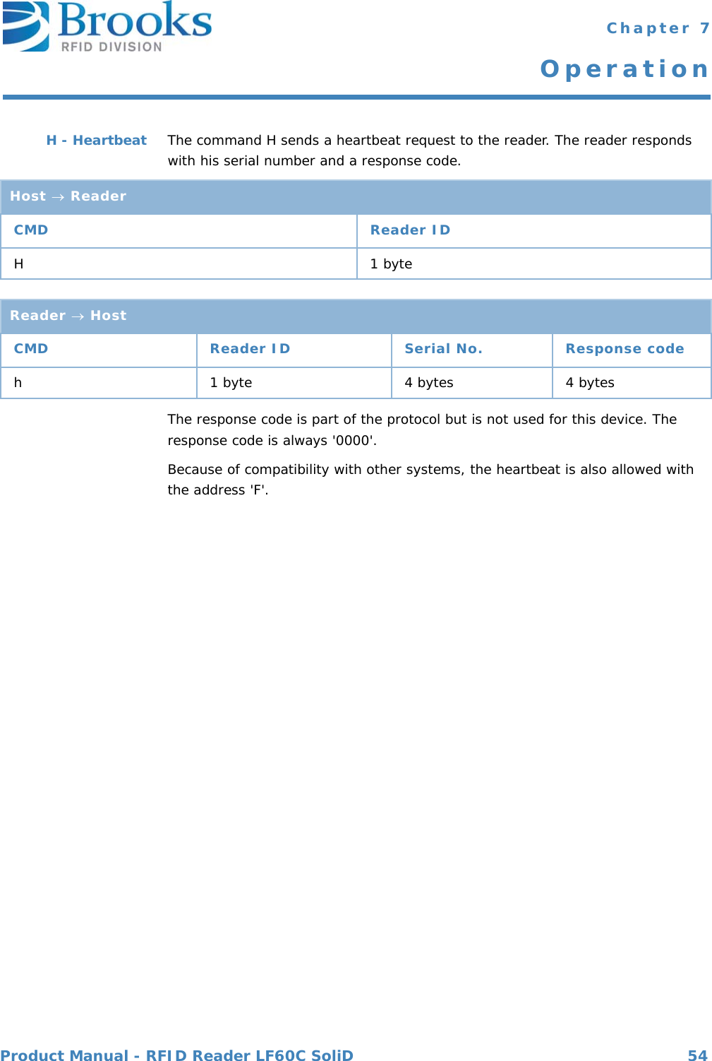 Product Manual - RFID Reader LF60C SoliD 54 Chapter 7OperationH - Heartbeat The command H sends a heartbeat request to the reader. The reader responds with his serial number and a response code.The response code is part of the protocol but is not used for this device. The response code is always &apos;0000&apos;.Because of compatibility with other systems, the heartbeat is also allowed with the address &apos;F&apos;.Host  ReaderCMD Reader IDH1 byteReader  HostCMD Reader ID Serial No. Response codeh 1 byte 4 bytes 4 bytes