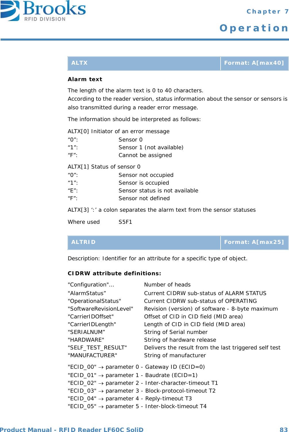 Product Manual - RFID Reader LF60C SoliD 83 Chapter 7OperationAlarm textThe length of the alarm text is 0 to 40 characters.According to the reader version, status information about the sensor or sensors is also transmitted during a reader error message. The information should be interpreted as follows:ALTX[0] Initiator of an error message“0”: Sensor 0“1”: Sensor 1 (not available)“F”: Cannot be assignedALTX[1] Status of sensor 0“0”: Sensor not occupied“1”: Sensor is occupied“E”: Sensor status is not available“F”: Sensor not definedALTX[3] ‘:’ a colon separates the alarm text from the sensor statusesWhere used S5F1Description: Identifier for an attribute for a specific type of object.CIDRW attribute definitions:&quot;Configuration&quot;… Number of heads&quot;AlarmStatus” Current CIDRW sub-status of ALARM STATUS&quot;OperationalStatus&quot; Current CIDRW sub-status of OPERATING&quot;SoftwareRevisionLevel&quot; Revision (version) of software - 8-byte maximum&quot;CarrierIDOffset&quot; Offset of CID in CID field (MID area)&quot;CarrierIDLength&quot; Length of CID in CID field (MID area)&quot;SERIALNUM” String of Serial number&quot;HARDWARE&quot; String of hardware release&quot;SELF_TEST_RESULT&quot; Delivers the result from the last triggered self test&quot;MANUFACTURER&quot; String of manufacturer &quot;ECID_00&quot;  parameter 0 - Gateway ID (ECID=0)&quot;ECID_01&quot;  parameter 1 - Baudrate (ECID=1)&quot;ECID_02&quot;  parameter 2 - Inter-character-timeout T1&quot;ECID_03&quot;  parameter 3 - Block-protocol-timeout T2&quot;ECID_04&quot;  parameter 4 - Reply-timeout T3&quot;ECID_05&quot;  parameter 5 - Inter-block-timeout T4ALTX Format: A[max40]ALTRID Format: A[max25]