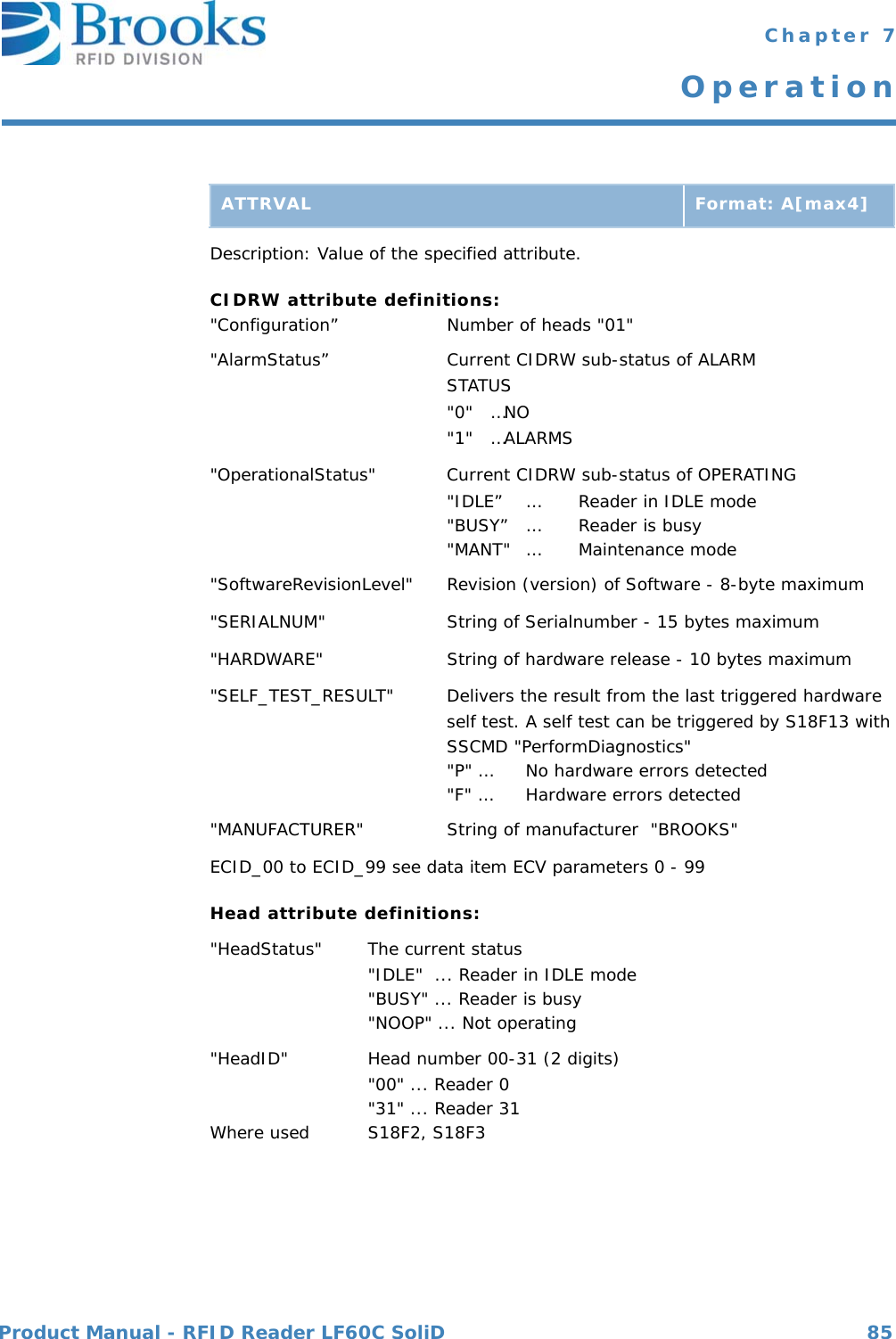 Product Manual - RFID Reader LF60C SoliD 85 Chapter 7OperationDescription: Value of the specified attribute.CIDRW attribute definitions:&quot;Configuration” Number of heads &quot;01&quot;&quot;AlarmStatus” Current CIDRW sub-status of ALARM STATUS&quot;0&quot;   …NO&quot;1&quot;   …ALARMS&quot;OperationalStatus&quot; Current CIDRW sub-status of OPERATING&quot;IDLE” … Reader in IDLE mode&quot;BUSY” … Reader is busy&quot;MANT&quot; … Maintenance mode&quot;SoftwareRevisionLevel&quot; Revision (version) of Software - 8-byte maximum&quot;SERIALNUM&quot; String of Serialnumber - 15 bytes maximum&quot;HARDWARE&quot; String of hardware release - 10 bytes maximum&quot;SELF_TEST_RESULT&quot; Delivers the result from the last triggered hardwareself test. A self test can be triggered by S18F13 withSSCMD &quot;PerformDiagnostics&quot;&quot;P&quot; …  No hardware errors detected&quot;F&quot; …  Hardware errors detected&quot;MANUFACTURER&quot; String of manufacturer  &quot;BROOKS&quot;ECID_00 to ECID_99 see data item ECV parameters 0 - 99Head attribute definitions:&quot;HeadStatus&quot;  The current status&quot;IDLE&quot;  ... Reader in IDLE mode&quot;BUSY&quot; ... Reader is busy&quot;NOOP&quot; ... Not operating&quot;HeadID&quot;  Head number 00-31 (2 digits)&quot;00&quot; ... Reader 0&quot;31&quot; ... Reader 31Where used  S18F2, S18F3ATTRVAL Format: A[max4]