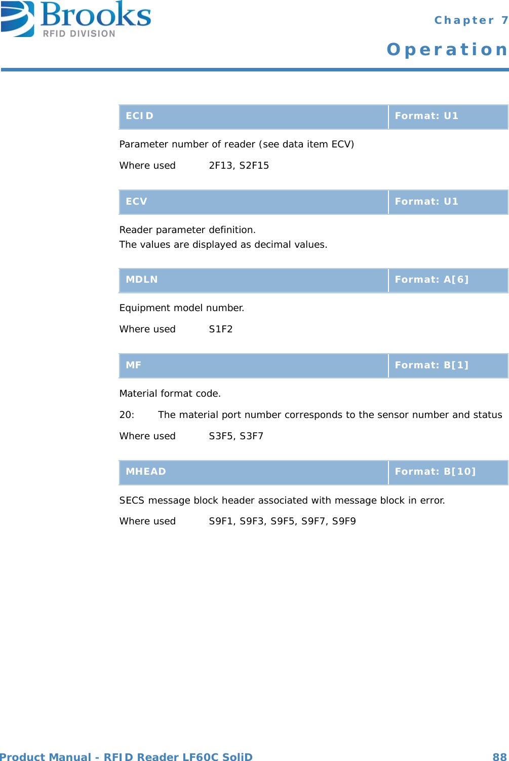 Product Manual - RFID Reader LF60C SoliD 88 Chapter 7OperationParameter number of reader (see data item ECV)Where used 2F13, S2F15Reader parameter definition. The values are displayed as decimal values.Equipment model number.Where used S1F2Material format code.20: The material port number corresponds to the sensor number and statusWhere used S3F5, S3F7 SECS message block header associated with message block in error.Where used S9F1, S9F3, S9F5, S9F7, S9F9ECID Format: U1ECV Format: U1MDLN Format: A[6]MF Format: B[1]MHEAD Format: B[10]