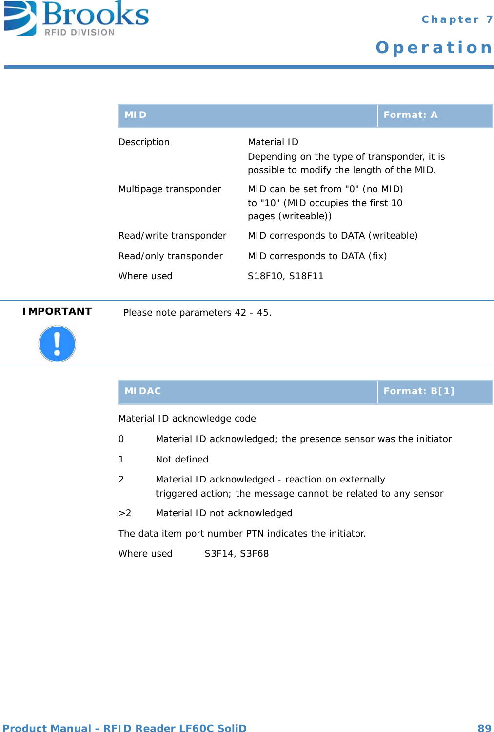 Product Manual - RFID Reader LF60C SoliD 89 Chapter 7OperationDescription Material IDDepending on the type of transponder, it is possible to modify the length of the MID.Multipage transponder  MID can be set from &quot;0&quot; (no MID) to &quot;10&quot; (MID occupies the first 10 pages (writeable))Read/write transponder  MID corresponds to DATA (writeable)Read/only transponder  MID corresponds to DATA (fix)Where used S18F10, S18F11 Material ID acknowledge code0 Material ID acknowledged; the presence sensor was the initiator1 Not defined 2 Material ID acknowledged - reaction on externally triggered action; the message cannot be related to any sensor&gt;2 Material ID not acknowledgedThe data item port number PTN indicates the initiator. Where used S3F14, S3F68MID Format: AIMPORTANT Please note parameters 42 - 45.MIDAC Format: B[1]