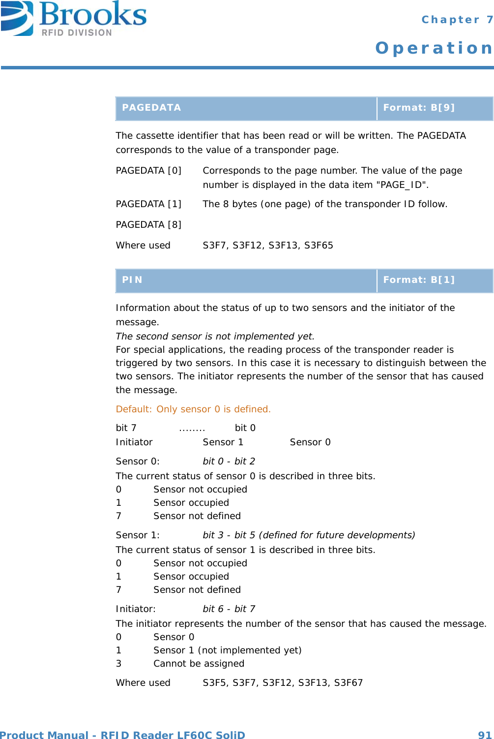 Product Manual - RFID Reader LF60C SoliD 91 Chapter 7OperationThe cassette identifier that has been read or will be written. The PAGEDATA corresponds to the value of a transponder page.PAGEDATA [0] Corresponds to the page number. The value of the page number is displayed in the data item &quot;PAGE_ID&quot;. PAGEDATA [1]  The 8 bytes (one page) of the transponder ID follow.PAGEDATA [8]Where used S3F7, S3F12, S3F13, S3F65 Information about the status of up to two sensors and the initiator of the message.The second sensor is not implemented yet.For special applications, the reading process of the transponder reader is triggered by two sensors. In this case it is necessary to distinguish between the two sensors. The initiator represents the number of the sensor that has caused the message.Default: Only sensor 0 is defined.bit 7             ........         bit 0Initiator Sensor 1 Sensor 0Sensor 0: bit 0 - bit 2The current status of sensor 0 is described in three bits.0 Sensor not occupied1 Sensor occupied7 Sensor not definedSensor 1: bit 3 - bit 5 (defined for future developments)The current status of sensor 1 is described in three bits.0 Sensor not occupied1 Sensor occupied7 Sensor not definedInitiator: bit 6 - bit 7The initiator represents the number of the sensor that has caused the message. 0Sensor 01 Sensor 1 (not implemented yet)3 Cannot be assignedWhere used S3F5, S3F7, S3F12, S3F13, S3F67PAGEDATA Format: B[9]PIN Format: B[1]