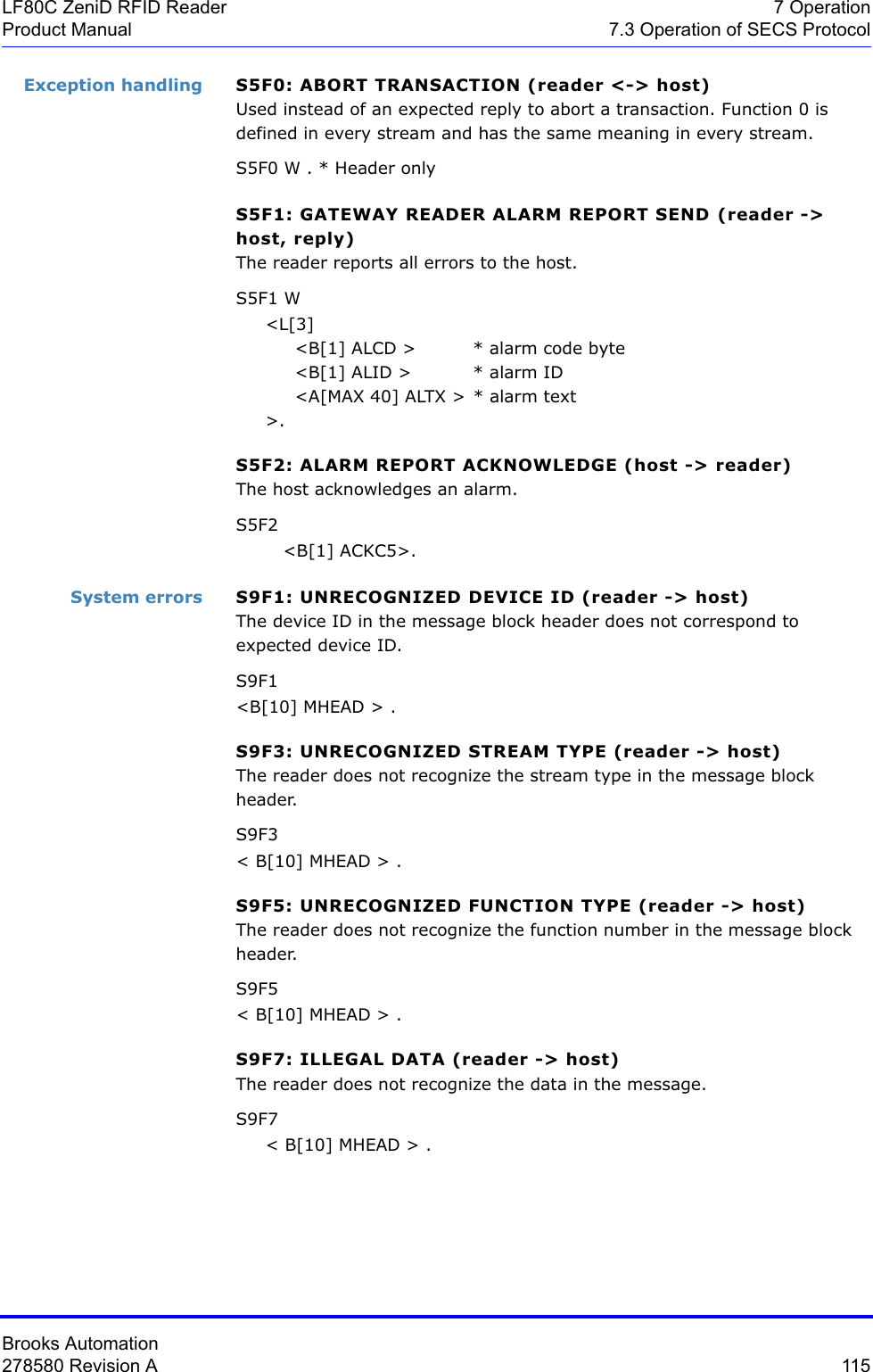 Brooks Automation278580 Revision A  115LF80C ZeniD RFID Reader 7 OperationProduct Manual 7.3 Operation of SECS ProtocolException handling S5F0: ABORT TRANSACTION (reader &lt;-&gt; host)Used instead of an expected reply to abort a transaction. Function 0 is defined in every stream and has the same meaning in every stream.S5F0 W . * Header onlyS5F1: GATEWAY READER ALARM REPORT SEND (reader -&gt; host, reply)The reader reports all errors to the host.S5F1 W     &lt;L[3]          &lt;B[1] ALCD &gt; * alarm code byte          &lt;B[1] ALID &gt;  * alarm ID          &lt;A[MAX 40] ALTX &gt; * alarm text     &gt;. S5F2: ALARM REPORT ACKNOWLEDGE (host -&gt; reader)The host acknowledges an alarm.S5F2        &lt;B[1] ACKC5&gt;.System errors S9F1: UNRECOGNIZED DEVICE ID (reader -&gt; host)The device ID in the message block header does not correspond to expected device ID.S9F1&lt;B[10] MHEAD &gt; .S9F3: UNRECOGNIZED STREAM TYPE (reader -&gt; host)The reader does not recognize the stream type in the message block header.S9F3&lt; B[10] MHEAD &gt; .S9F5: UNRECOGNIZED FUNCTION TYPE (reader -&gt; host)The reader does not recognize the function number in the message block header.S9F5&lt; B[10] MHEAD &gt; .S9F7: ILLEGAL DATA (reader -&gt; host)The reader does not recognize the data in the message.S9F7     &lt; B[10] MHEAD &gt; .