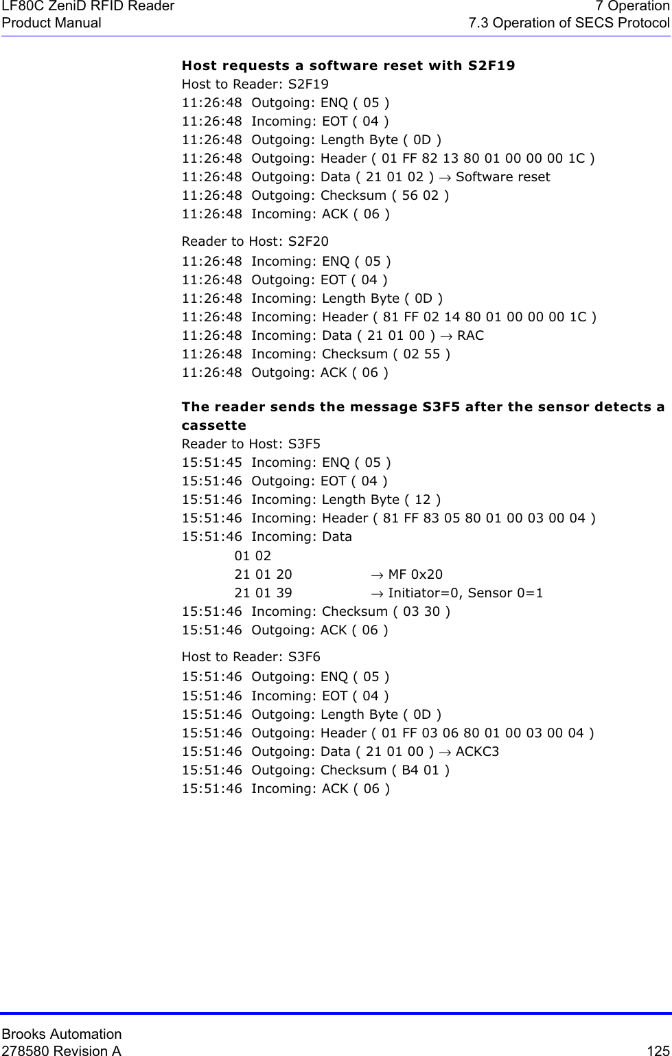 Brooks Automation278580 Revision A  125LF80C ZeniD RFID Reader 7 OperationProduct Manual 7.3 Operation of SECS ProtocolHost requests a software reset with S2F19Host to Reader: S2F1911:26:48  Outgoing: ENQ ( 05 )11:26:48  Incoming: EOT ( 04 )11:26:48  Outgoing: Length Byte ( 0D )11:26:48  Outgoing: Header ( 01 FF 82 13 80 01 00 00 00 1C )11:26:48  Outgoing: Data ( 21 01 02 ) → Software reset11:26:48  Outgoing: Checksum ( 56 02 )11:26:48  Incoming: ACK ( 06 )Reader to Host: S2F2011:26:48  Incoming: ENQ ( 05 )11:26:48  Outgoing: EOT ( 04 )11:26:48  Incoming: Length Byte ( 0D )11:26:48  Incoming: Header ( 81 FF 02 14 80 01 00 00 00 1C )11:26:48  Incoming: Data ( 21 01 00 ) → RAC11:26:48  Incoming: Checksum ( 02 55 )11:26:48  Outgoing: ACK ( 06 )The reader sends the message S3F5 after the sensor detects a cassetteReader to Host: S3F515:51:45  Incoming: ENQ ( 05 )15:51:46  Outgoing: EOT ( 04 )15:51:46  Incoming: Length Byte ( 12 )15:51:46  Incoming: Header ( 81 FF 83 05 80 01 00 03 00 04 )15:51:46  Incoming: Data 01 02 21 01 20                 → MF 0x2021 01 39                 → Initiator=0, Sensor 0=115:51:46  Incoming: Checksum ( 03 30 )15:51:46  Outgoing: ACK ( 06 )Host to Reader: S3F615:51:46  Outgoing: ENQ ( 05 )15:51:46  Incoming: EOT ( 04 )15:51:46  Outgoing: Length Byte ( 0D )15:51:46  Outgoing: Header ( 01 FF 03 06 80 01 00 03 00 04 )15:51:46  Outgoing: Data ( 21 01 00 ) → ACKC315:51:46  Outgoing: Checksum ( B4 01 )15:51:46  Incoming: ACK ( 06 )