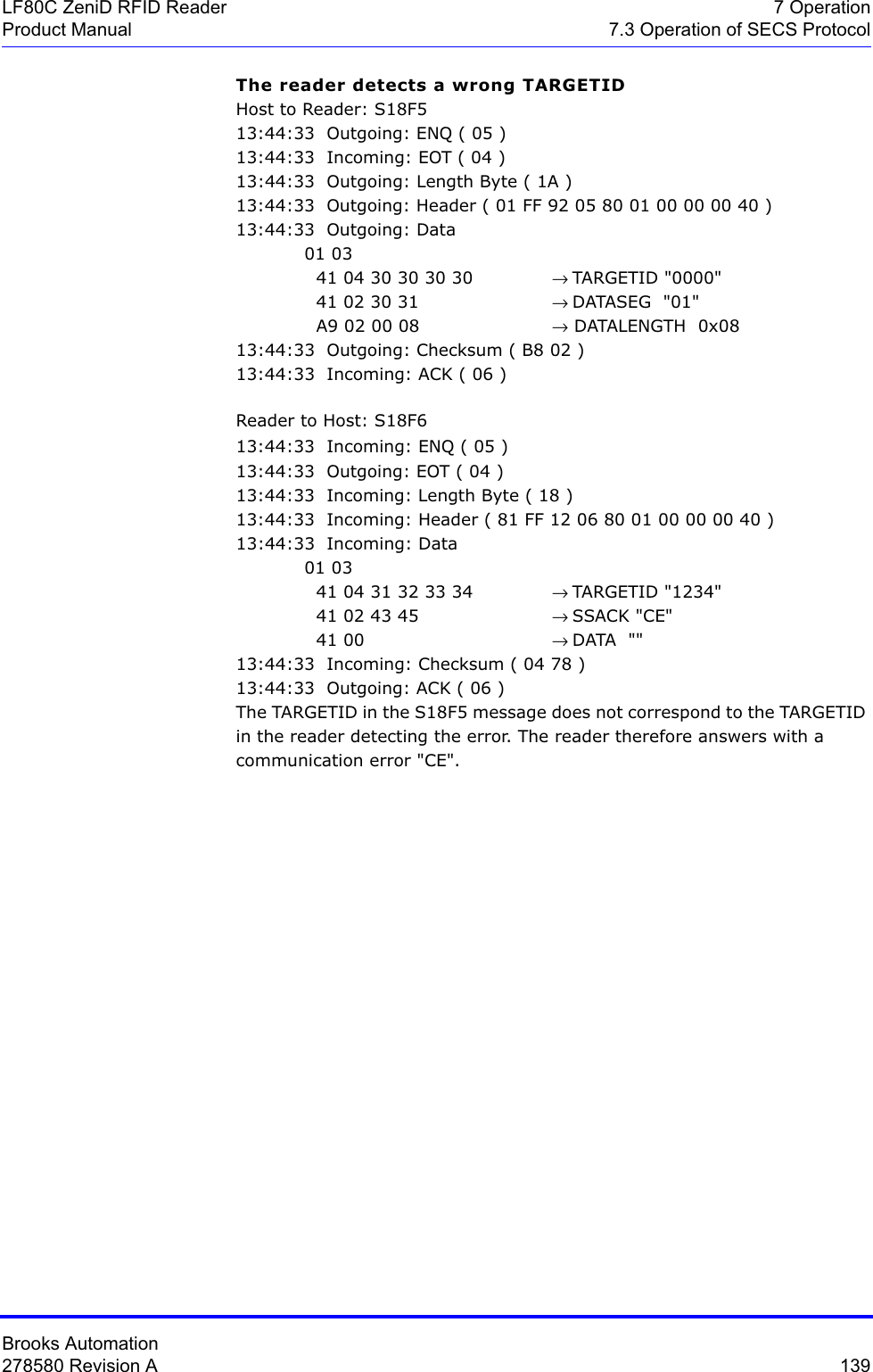 Brooks Automation278580 Revision A  139LF80C ZeniD RFID Reader 7 OperationProduct Manual 7.3 Operation of SECS ProtocolThe reader detects a wrong TARGETIDHost to Reader: S18F513:44:33  Outgoing: ENQ ( 05 )13:44:33  Incoming: EOT ( 04 )13:44:33  Outgoing: Length Byte ( 1A )13:44:33  Outgoing: Header ( 01 FF 92 05 80 01 00 00 00 40 )13:44:33  Outgoing: Data 01 03   41 04 30 30 30 30 → TARGETID &quot;0000&quot;  41 02 30 31  → DATASEG  &quot;01&quot;  A9 02 00 08 → DATALENGTH  0x0813:44:33  Outgoing: Checksum ( B8 02 )13:44:33  Incoming: ACK ( 06 )Reader to Host: S18F613:44:33  Incoming: ENQ ( 05 )13:44:33  Outgoing: EOT ( 04 )13:44:33  Incoming: Length Byte ( 18 )13:44:33  Incoming: Header ( 81 FF 12 06 80 01 00 00 00 40 )13:44:33  Incoming: Data 01 03   41 04 31 32 33 34  → TARGETID &quot;1234&quot;  41 02 43 45  → SSACK &quot;CE&quot;  41 00  → DATA  &quot;&quot;13:44:33  Incoming: Checksum ( 04 78 )13:44:33  Outgoing: ACK ( 06 )The TARGETID in the S18F5 message does not correspond to the TARGETID in the reader detecting the error. The reader therefore answers with a communication error &quot;CE&quot;.