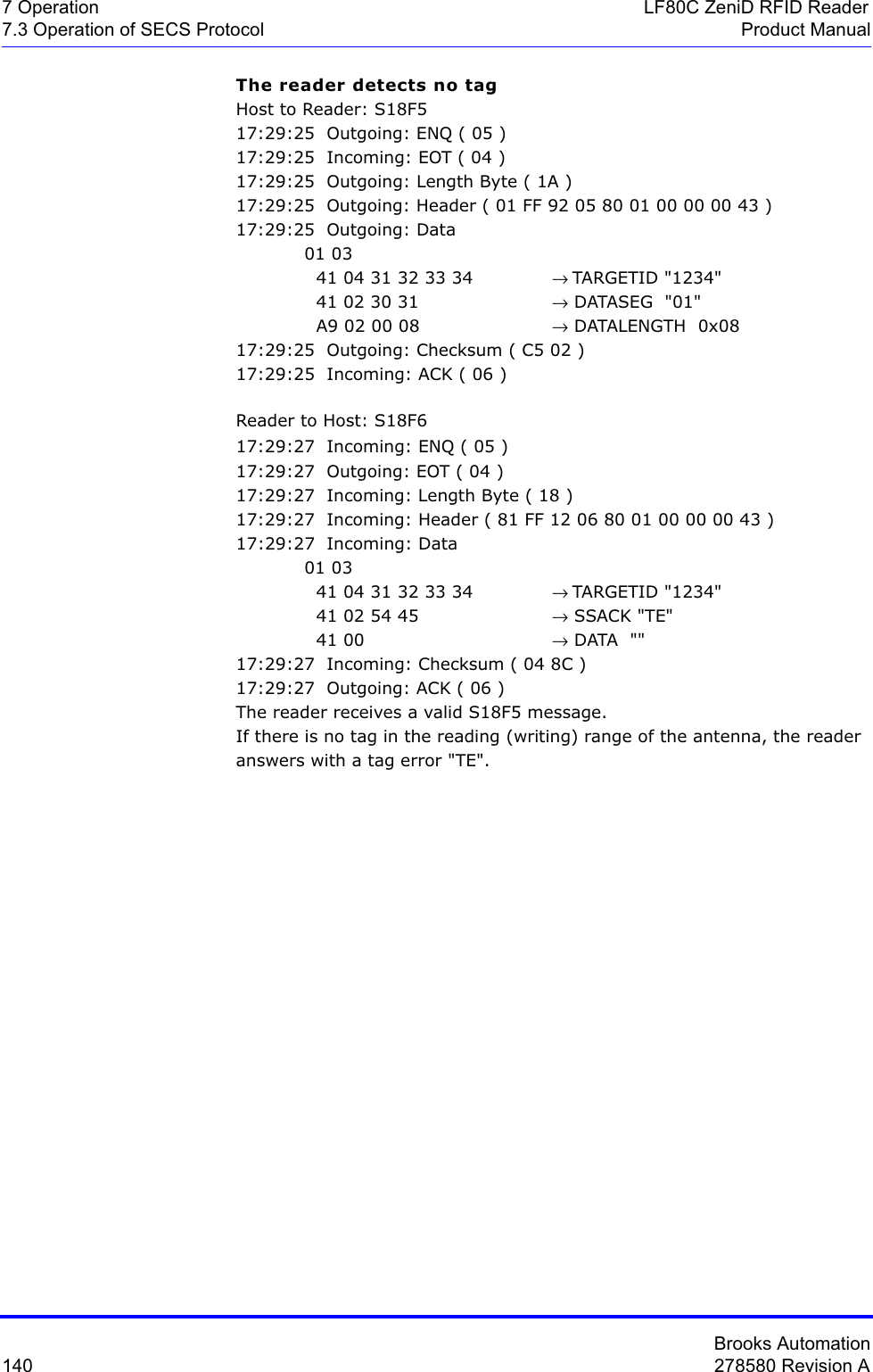 Brooks Automation140 278580 Revision A7 Operation LF80C ZeniD RFID Reader7.3 Operation of SECS Protocol Product ManualThe reader detects no tag Host to Reader: S18F517:29:25  Outgoing: ENQ ( 05 )17:29:25  Incoming: EOT ( 04 )17:29:25  Outgoing: Length Byte ( 1A )17:29:25  Outgoing: Header ( 01 FF 92 05 80 01 00 00 00 43 )17:29:25  Outgoing: Data 01 03   41 04 31 32 33 34  → TARGETID &quot;1234&quot;  41 02 30 31  → DATASEG  &quot;01&quot;  A9 02 00 08  → DATALENGTH  0x0817:29:25  Outgoing: Checksum ( C5 02 )17:29:25  Incoming: ACK ( 06 )Reader to Host: S18F617:29:27  Incoming: ENQ ( 05 )17:29:27  Outgoing: EOT ( 04 )17:29:27  Incoming: Length Byte ( 18 )17:29:27  Incoming: Header ( 81 FF 12 06 80 01 00 00 00 43 )17:29:27  Incoming: Data 01 03   41 04 31 32 33 34  → TARGETID &quot;1234&quot;  41 02 54 45  → SSACK &quot;TE&quot;  41 00  → DATA  &quot;&quot;17:29:27  Incoming: Checksum ( 04 8C )17:29:27  Outgoing: ACK ( 06 )The reader receives a valid S18F5 message. If there is no tag in the reading (writing) range of the antenna, the reader answers with a tag error &quot;TE&quot;. 