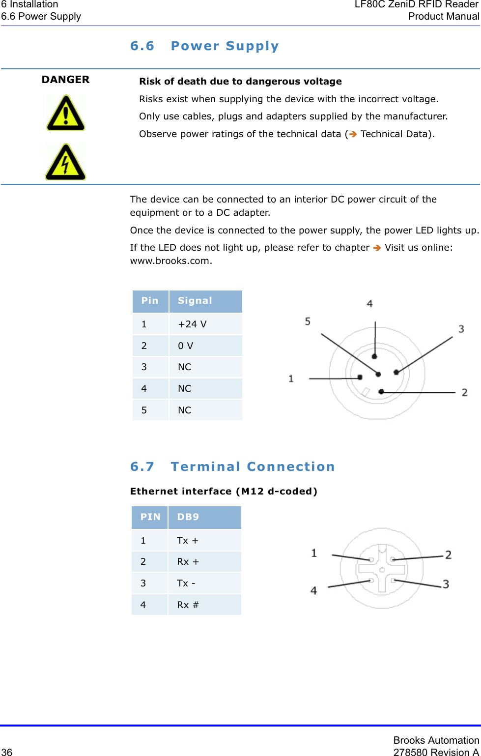 Brooks Automation36 278580 Revision A6 Installation LF80C ZeniD RFID Reader6.6 Power Supply Product Manual6.6 Power SupplyThe device can be connected to an interior DC power circuit of the equipment or to a DC adapter.Once the device is connected to the power supply, the power LED lights up.If the LED does not light up, please refer to chapter Î Visit us online: www.brooks.com.6.7 Terminal ConnectionEthernet interface (M12 d-coded)DANGER Risk of death due to dangerous voltageRisks exist when supplying the device with the incorrect voltage.Only use cables, plugs and adapters supplied by the manufacturer.Observe power ratings of the technical data (Î Technical Data).Pin Signal1+24 V20 V3NC4NC5NCPIN DB91Tx +2Rx +3Tx -4Rx #