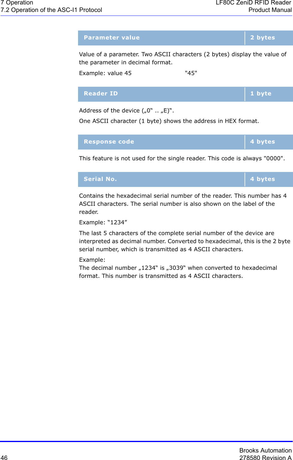 Brooks Automation46 278580 Revision A7 Operation LF80C ZeniD RFID Reader7.2 Operation of the ASC-I1 Protocol Product ManualValue of a parameter. Two ASCII characters (2 bytes) display the value of the parameter in decimal format.Example: value 45  &quot;45&quot;Address of the device („0“ .. „E)“.One ASCII character (1 byte) shows the address in HEX format.This feature is not used for the single reader. This code is always &quot;0000&quot;.Contains the hexadecimal serial number of the reader. This number has 4 ASCII characters. The serial number is also shown on the label of the reader.Example: “1234”The last 5 characters of the complete serial number of the device are interpreted as decimal number. Converted to hexadecimal, this is the 2 byte serial number, which is transmitted as 4 ASCII characters.Example: The decimal number „1234“ is „3039“ when converted to hexadecimal format. This number is transmitted as 4 ASCII characters.Parameter value 2 bytesReader ID 1 byteResponse code 4 bytesSerial No. 4 bytes