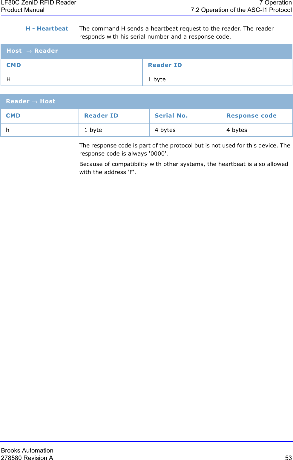 Brooks Automation278580 Revision A  53LF80C ZeniD RFID Reader 7 OperationProduct Manual 7.2 Operation of the ASC-I1 ProtocolH - Heartbeat The command H sends a heartbeat request to the reader. The reader responds with his serial number and a response code.The response code is part of the protocol but is not used for this device. The response code is always &apos;0000&apos;.Because of compatibility with other systems, the heartbeat is also allowed with the address &apos;F&apos;.Host → ReaderCMD Reader IDH1 byteReader → HostCMD Reader ID Serial No. Response codeh 1 byte 4 bytes 4 bytes