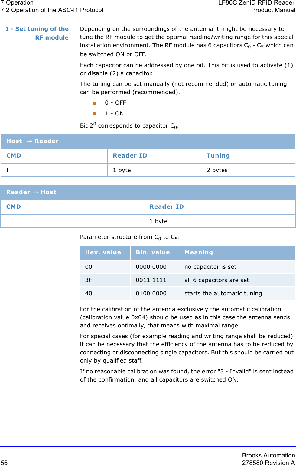 Brooks Automation56 278580 Revision A7 Operation LF80C ZeniD RFID Reader7.2 Operation of the ASC-I1 Protocol Product ManualI - Set tuning of the RF moduleDepending on the surroundings of the antenna it might be necessary to tune the RF module to get the optimal reading/writing range for this special installation environment. The RF module has 6 capacitors C0 - C5 which can be switched ON or OFF.Each capacitor can be addressed by one bit. This bit is used to activate (1) or disable (2) a capacitor. The tuning can be set manually (not recommended) or automatic tuning can be performed (recommended).0 - OFF1 - ONBit 20 corresponds to capacitor C0.Parameter structure from C0 to C5:For the calibration of the antenna exclusively the automatic calibration (calibration value 0x04) should be used as in this case the antenna sends and receives optimally, that means with maximal range.For special cases (for example reading and writing range shall be reduced) it can be necessary that the efficiency of the antenna has to be reduced by connecting or disconnecting single capacitors. But this should be carried out only by qualified staff. If no reasonable calibration was found, the error &quot;5 - Invalid&quot; is sent instead of the confirmation, and all capacitors are switched ON.Host → ReaderCMD Reader ID TuningI 1 byte 2 bytesReader → HostCMD Reader IDi1 byteHex. value Bin. value Meaning00 0000 0000 no capacitor is set3F 0011 1111 all 6 capacitors are set40 0100 0000 starts the automatic tuning