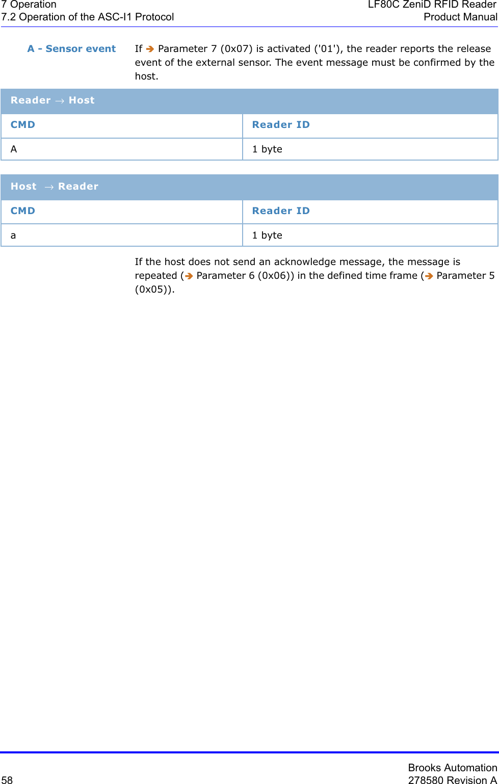 Brooks Automation58 278580 Revision A7 Operation LF80C ZeniD RFID Reader7.2 Operation of the ASC-I1 Protocol Product ManualA - Sensor event IfÎ Parameter 7 (0x07) is activated (&apos;01&apos;), the reader reports the release event of the external sensor. The event message must be confirmed by the host.If the host does not send an acknowledge message, the message is repeated (Î Parameter 6 (0x06)) in the defined time frame (Î Parameter 5 (0x05)).Reader → HostCMD Reader IDA1 byteHost → ReaderCMD Reader IDa1 byte