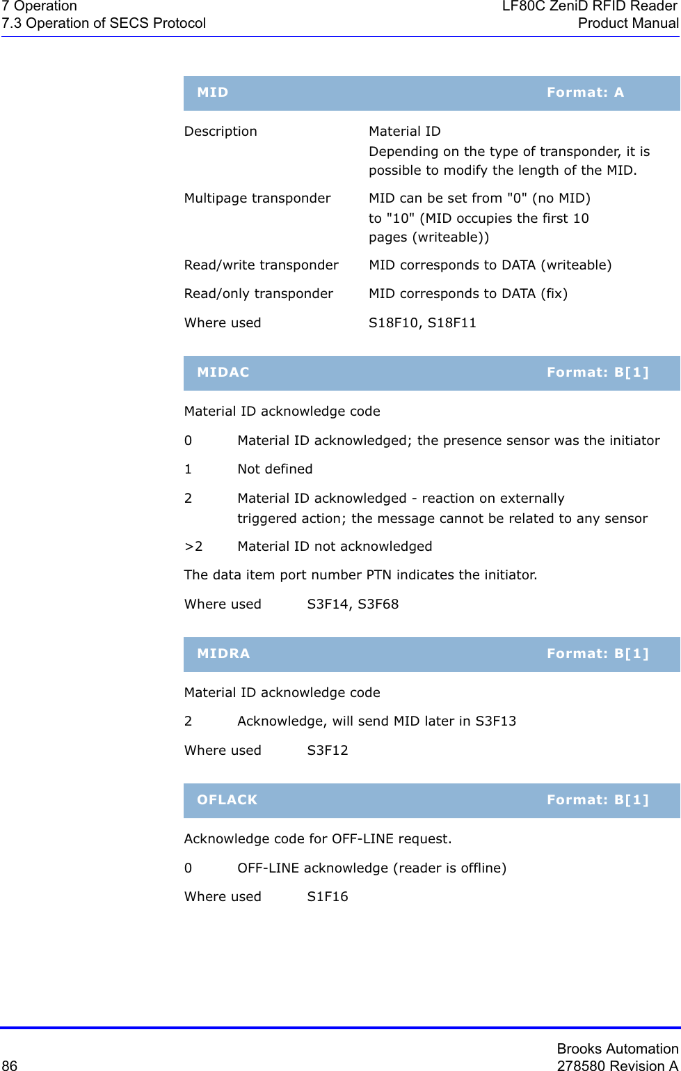 Brooks Automation86 278580 Revision A7 Operation LF80C ZeniD RFID Reader7.3 Operation of SECS Protocol Product ManualDescription Material IDDepending on the type of transponder, it is possible to modify the length of the MID.Multipage transponder  MID can be set from &quot;0&quot; (no MID) to &quot;10&quot; (MID occupies the first 10 pages (writeable))Read/write transponder  MID corresponds to DATA (writeable)Read/only transponder  MID corresponds to DATA (fix)Where used S18F10, S18F11 Material ID acknowledge code0 Material ID acknowledged; the presence sensor was the initiator1 Not defined 2 Material ID acknowledged - reaction on externally triggered action; the message cannot be related to any sensor&gt;2 Material ID not acknowledgedThe data item port number PTN indicates the initiator. Where used S3F14, S3F68Material ID acknowledge code2 Acknowledge, will send MID later in S3F13Where used S3F12Acknowledge code for OFF-LINE request.0 OFF-LINE acknowledge (reader is offline)Where used S1F16MID Format: AMIDAC Format: B[1]MIDRA Format: B[1]OFLACK Format: B[1]