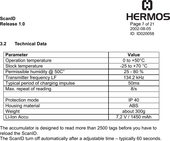 ScanID    Release 1.0   Page 7 of 21 2002-08-05 ID: ID020058  3.2  Technical Data    Parameter Value Operation temperature  0 to +50°C Stock temperature  -25 to +70 °C Permissible humidity @ 50C°  25 - 80 % Transmitter frequency LF  134.2 kHz Typical period of charging impulse  50ms Max. repeat of reading  8/s   Protection mode  IP 40 Housing material  ABS Weight   about 300g Li-Ion Accu  7,2 V / 1450 mAh  The accumulator is designed to read more than 2500 tags before you have to reload the ScanID. The ScanID turn off automatically after a adjustable time – typically 60 seconds. a1