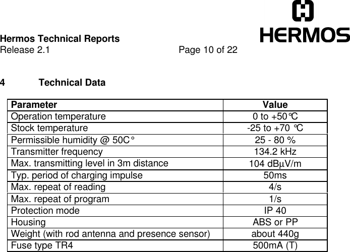 Hermos Technical ReportsRelease 2.1 Page 10 of 224 Technical DataParameter ValueOperation temperature 0 to +50°CStock temperature -25 to +70 °CPermissible humidity @ 50C° 25 - 80 %Transmitter frequency 134.2 kHzMax. transmitting level in 3m distance 104 dBµV/mTyp. period of charging impulse 50msMax. repeat of reading 4/sMax. repeat of program 1/sProtection mode IP 40Housing ABS or PPWeight (with rod antenna and presence sensor) about 440gFuse type TR4 500mA (T)