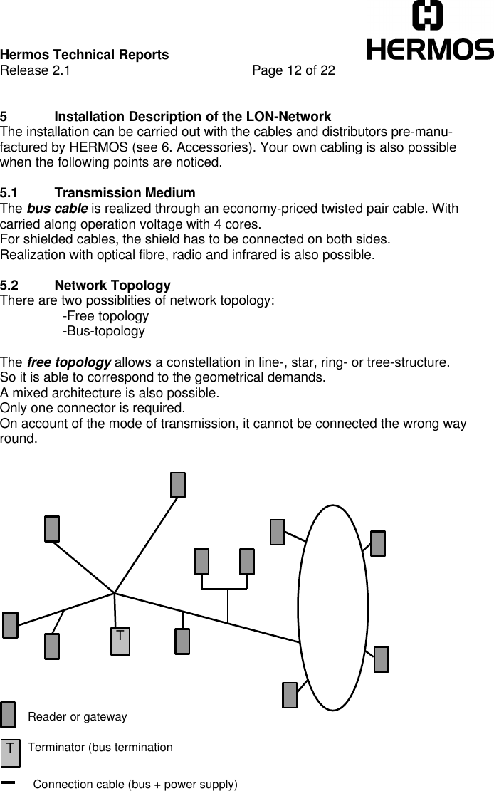 Hermos Technical ReportsRelease 2.1 Page 12 of 225 Installation Description of the LON-NetworkThe installation can be carried out with the cables and distributors pre-manu-factured by HERMOS (see 6. Accessories). Your own cabling is also possiblewhen the following points are noticed.5.1 Transmission MediumThe bus cable is realized through an economy-priced twisted pair cable. Withcarried along operation voltage with 4 cores.For shielded cables, the shield has to be connected on both sides.Realization with optical fibre, radio and infrared is also possible.5.2 Network TopologyThere are two possiblities of network topology:-Free topology-Bus-topologyThe free topology allows a constellation in line-, star, ring- or tree-structure.So it is able to correspond to the geometrical demands.A mixed architecture is also possible.Only one connector is required.On account of the mode of transmission, it cannot be connected the wrong wayround.TReader or gatewayTerminator (bus terminationConnection cable (bus + power supply)T