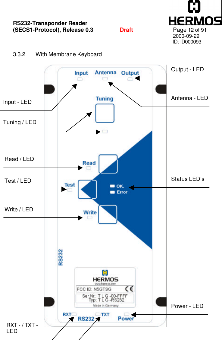 RS232-Transponder Reader   (SECS1-Protocol), Release 0.3  Draft Page 12 of 91 2000-09-29 ID: ID000093  3.3.2 With Membrane Keyboard  RXT - / TXT -LED  Write / LED Test / LED Read / LED Tuning / LED  Input - LED Power - LED Status LED’sAntenna - LED Output - LED 