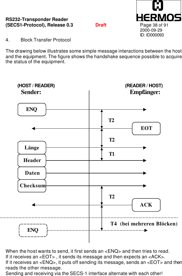 RS232-Transponder Reader   (SECS1-Protocol), Release 0.3  Draft Page 38 of 91 2000-09-29 ID: ID000093 4. Block Transfer Protocol  The drawing below illustrates some simple message interactions between the host and the equipment. The figure shows the handshake sequence possible to acquire the status of the equipment.     When the host wants to send, it first sends an &lt;ENQ&gt; and then tries to read. If it receives an &lt;EOT&gt; , it sends its message and then expects an &lt;ACK&gt;. If it receives an &lt;ENQ&gt;, it puts off sending its message, sends an &lt;EOT&gt; and then reads the other message. Sending and receiving via the SECS-1 interface alternate with each other! ENQEOTLängeHeaderChecksumDatenACKENQSender: Empfänger:T2T2T1T2T4  (bei mehreren Blöcken)(HOST / READER) (READER / HOST) 