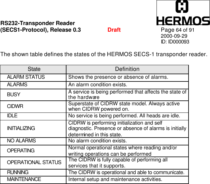 RS232-Transponder Reader   (SECS1-Protocol), Release 0.3  Draft Page 64 of 91 2000-09-29 ID: ID000093  The shown table defines the states of the HERMOS SECS-1 transponder reader.  State Definition ALARM STATUS Shows the presence or absence of alarms. ALARMS An alarm condition exists. BUSY A service is being performed that affects the state of the hardware CIDWR Superstate of CIDRW state model. Always active when CIDRW powered on. IDLE No service is being performed. All heads are idle. INITIALIZING CIDRW is performing initialization and self diagnostic. Presence or absence of alarms is initially determined in this state. NO ALARMS No alarm condition exists. OPERATING Normal operational states where reading and/or writing operations can be performed OPERATIONAL STATUS The CIDRW is fully capable of performing all services that it supports. RUNNING The CIDRW is operational and able to communicate. MAINTENANCE Internal setup and maintenance activities.  